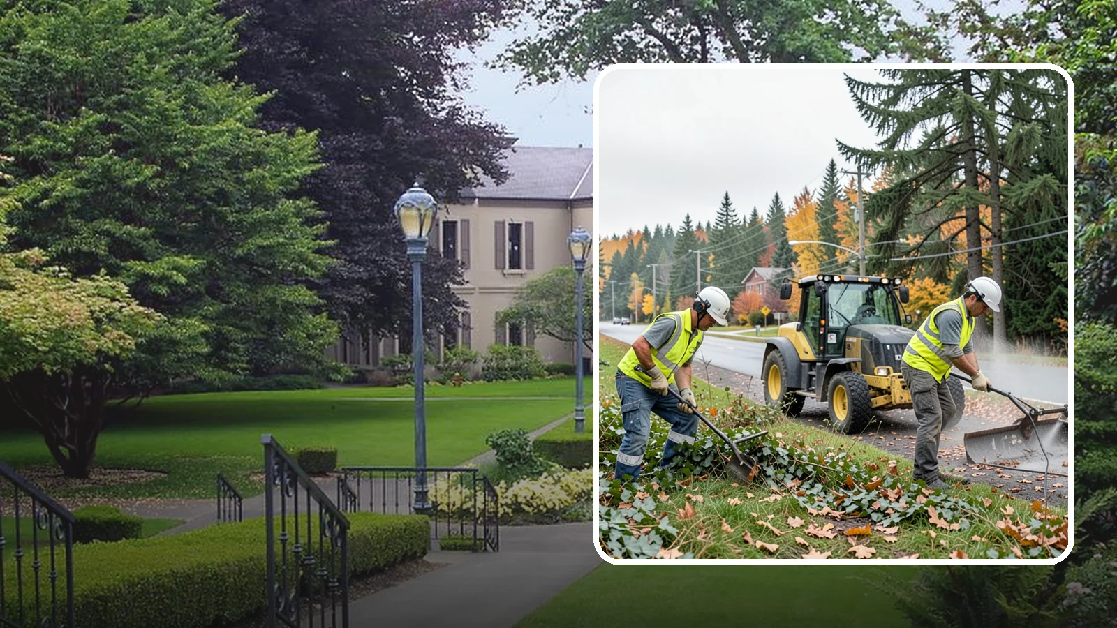 Ivy Removal in Woodinville, King County, WA - Removal of English ivy from tree trunks, ground beds, and structures to protect trees and public infrastructure.