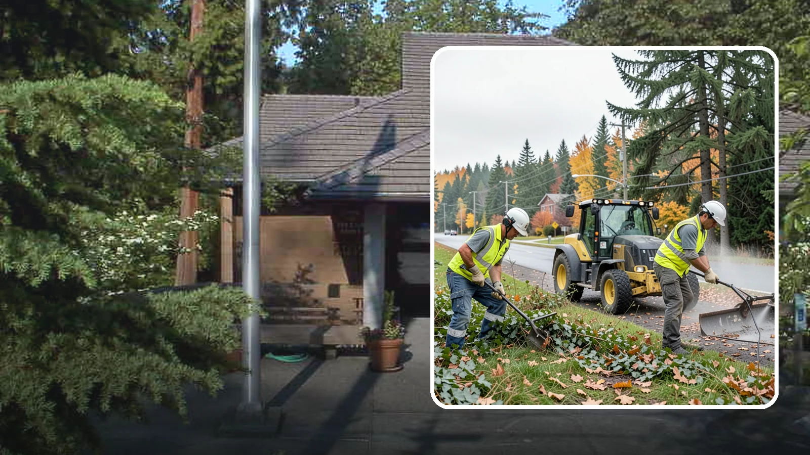 Ivy Removal in Yarrow Point, King County, WA - Removal of English ivy from tree trunks, ground beds, and structures to protect trees and public infrastructure.
