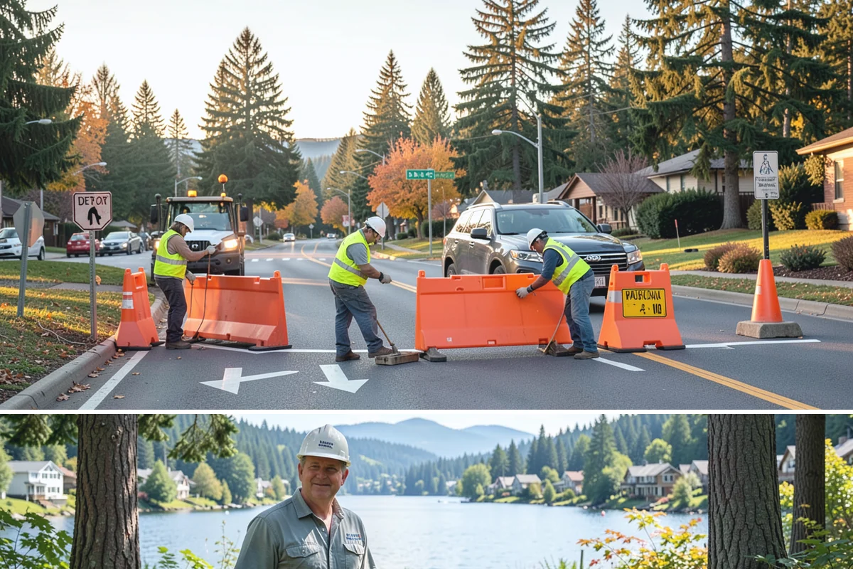Jersey Barrier Placement in Milton, King County, WA - Placement follows the construction season but is available year-round for emergency road protection.