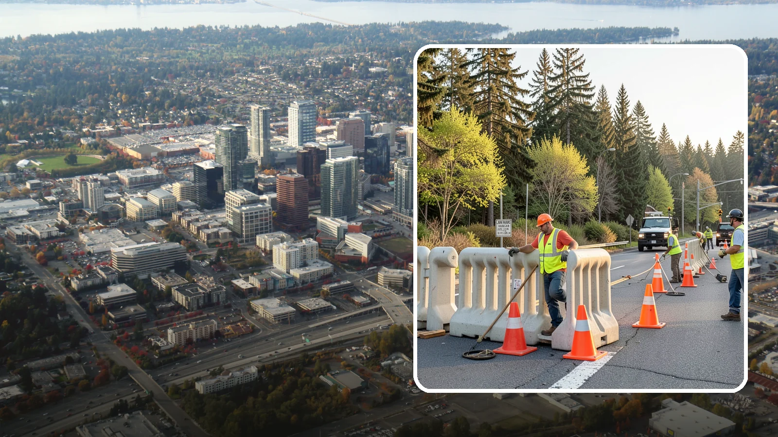 K-Rail Placement in Bellevue, King County, WA - K-rail placement delivers portable concrete barrier protection for roadway and construction projects.