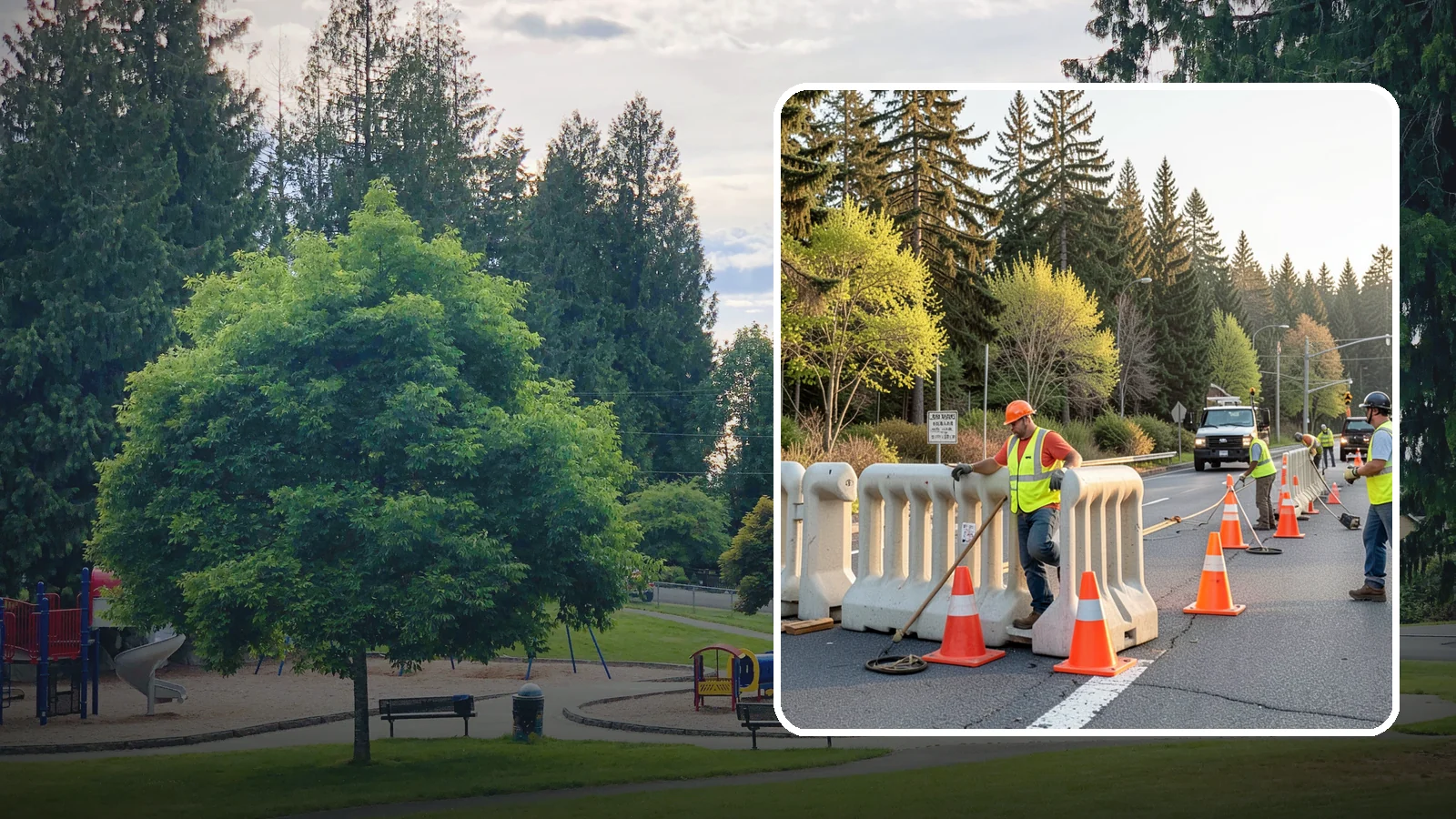 K-Rail Placement in Bonney Lake, Pierce County, WA - K-rail placement delivers portable concrete barrier protection for roadway and construction projects.