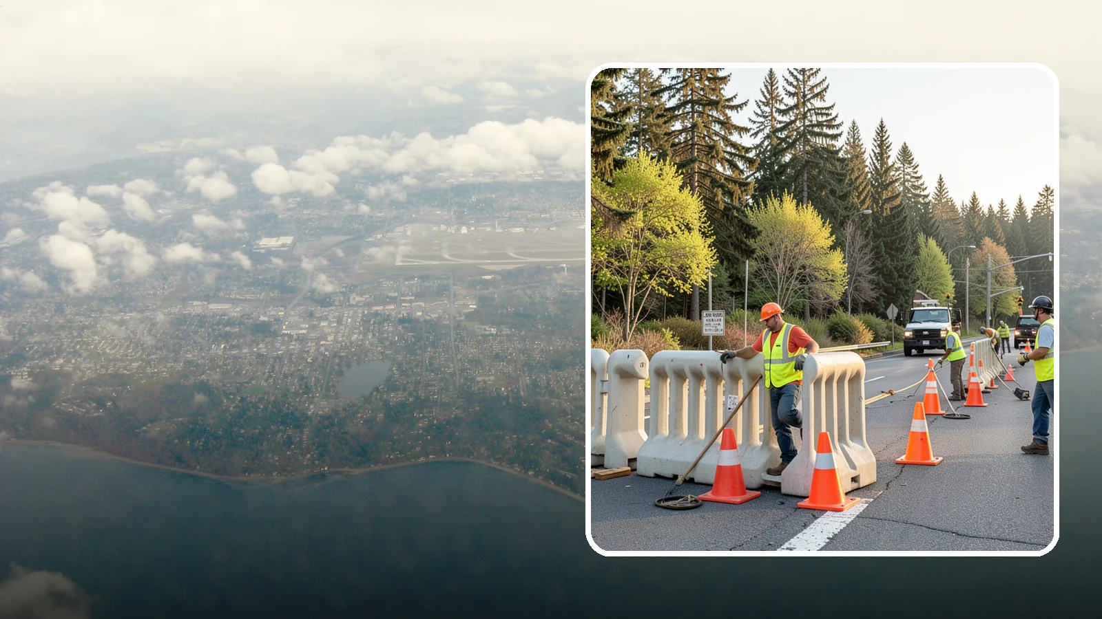 K-Rail Placement in Burien, King County, WA - K-rail placement delivers portable concrete barrier protection for roadway and construction projects.