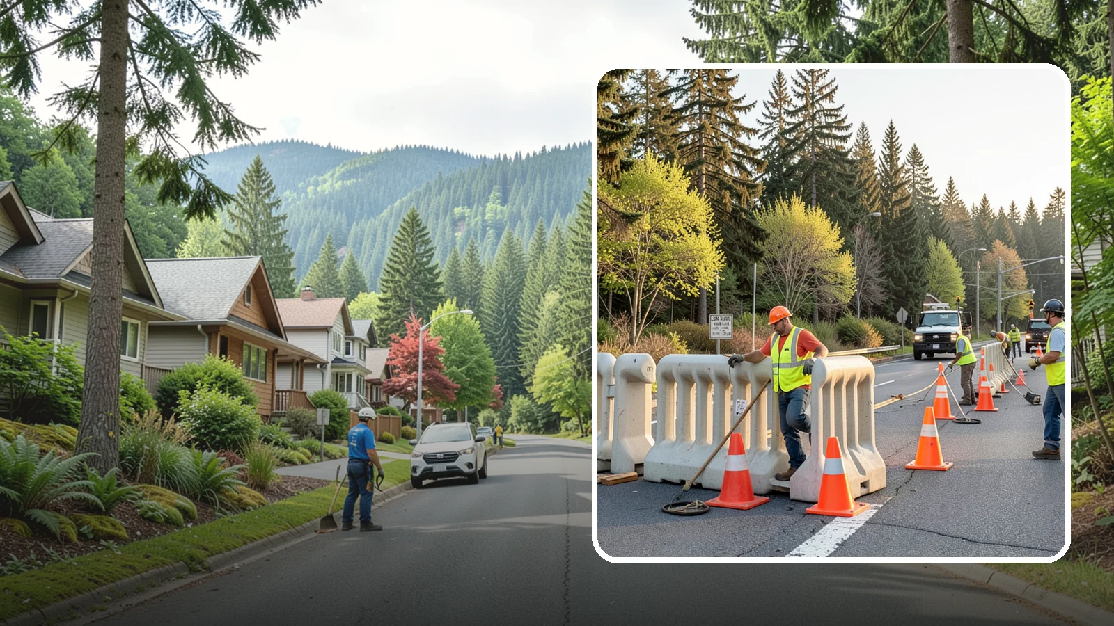 K-Rail Placement in Darrington, Snohomish County, WA - K-rail placement delivers portable concrete barrier protection for roadway and construction projects.