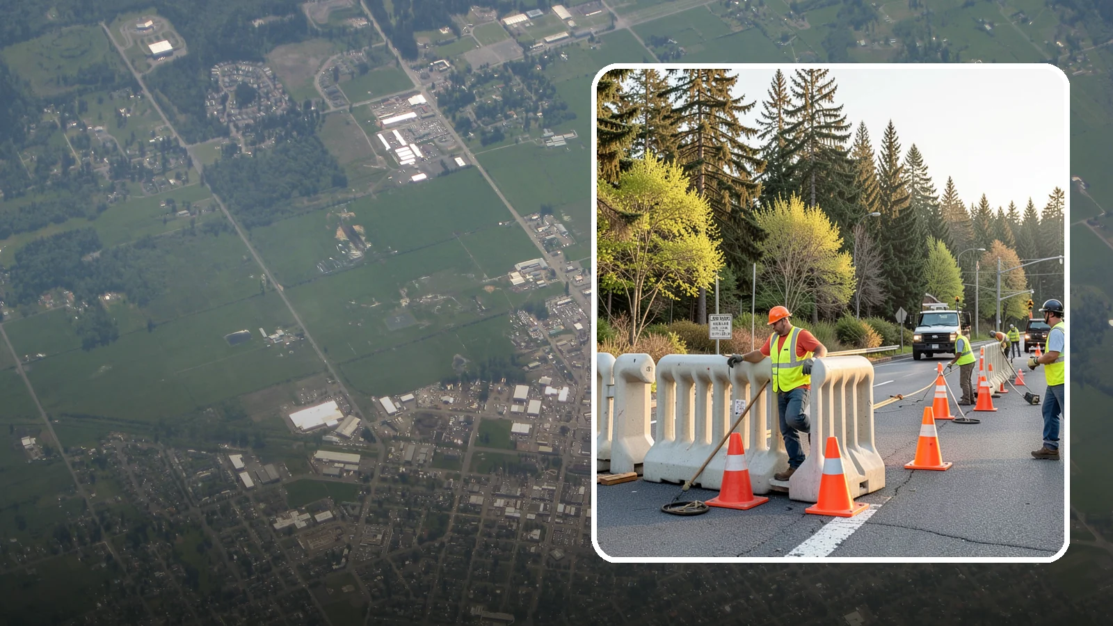 K-Rail Placement in Enumclaw, King County, WA - K-rail placement delivers portable concrete barrier protection for roadway and construction projects.