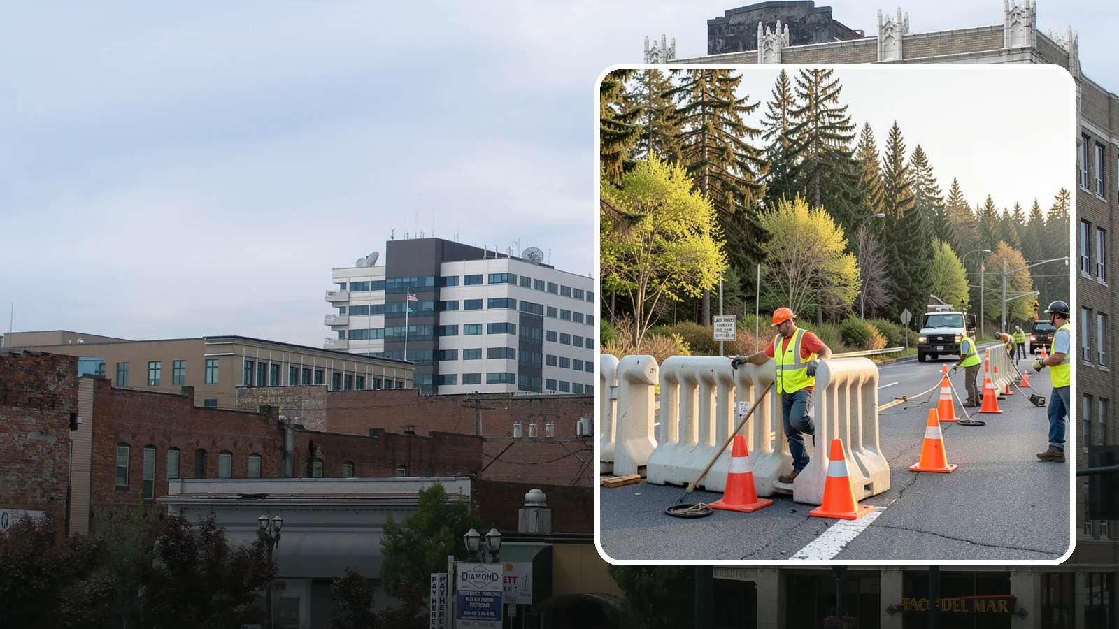 K-Rail Placement in Everett, Snohomish County, WA - K-rail placement delivers portable concrete barrier protection for roadway and construction projects.