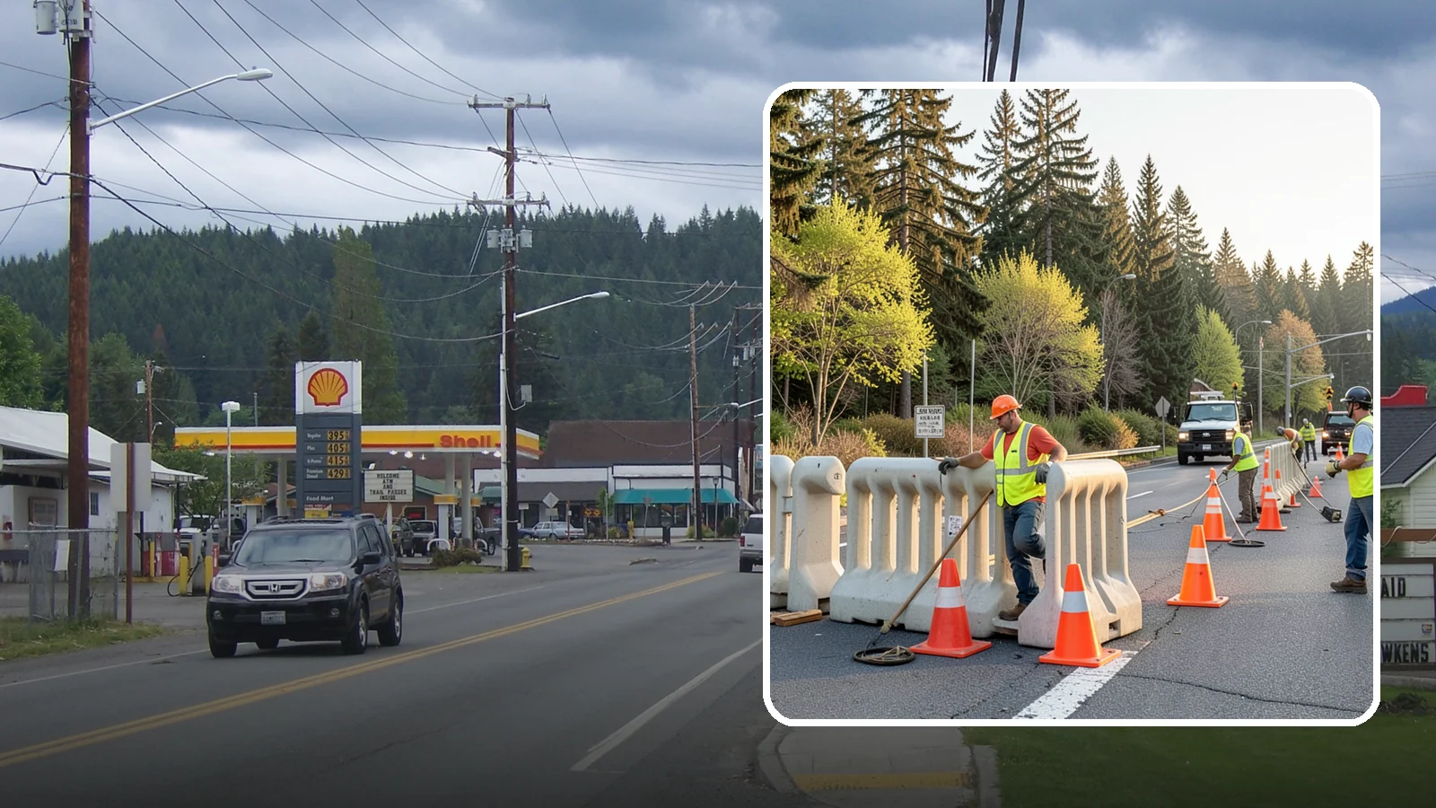 K-Rail Placement in Granite Falls, Snohomish County, WA - K-rail placement delivers portable concrete barrier protection for roadway and construction projects.