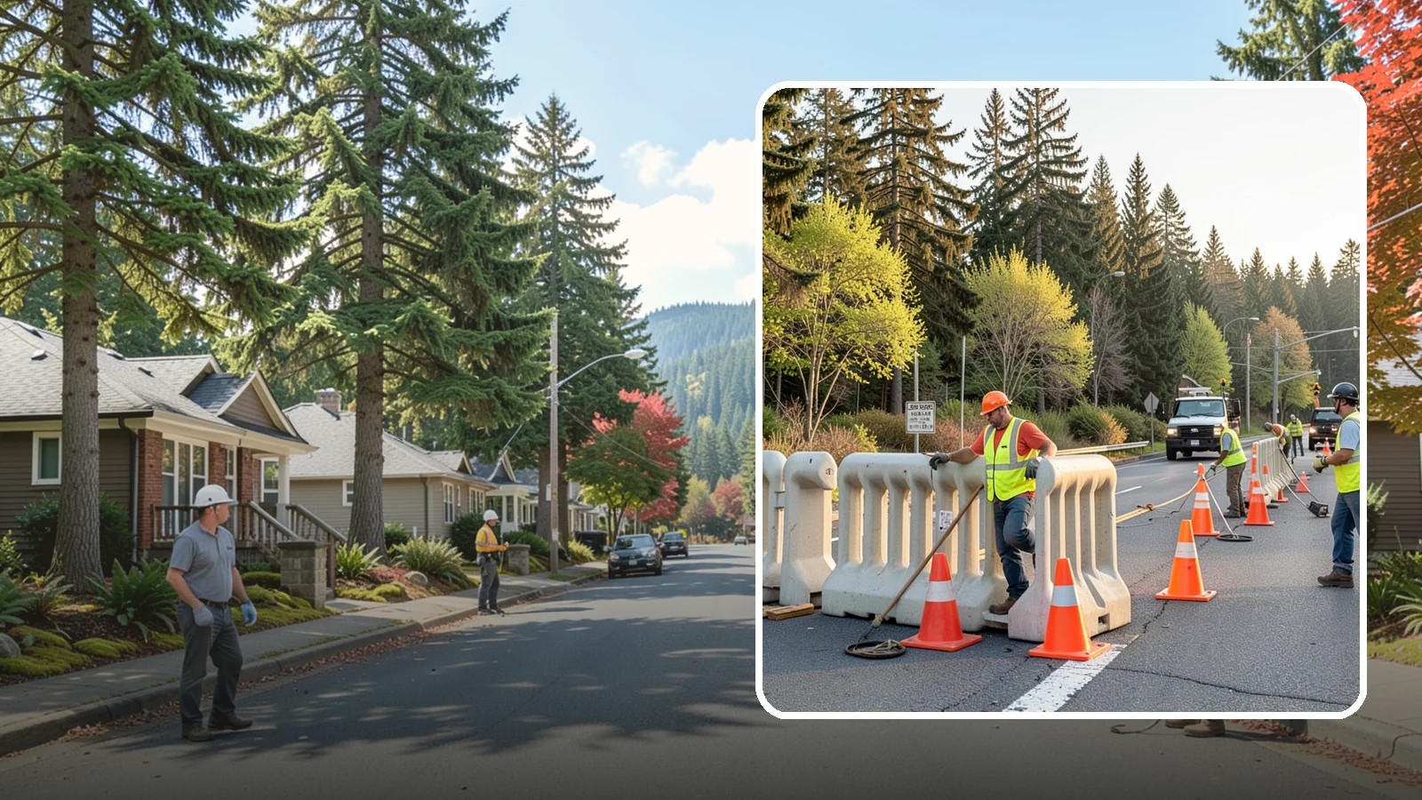 K-Rail Placement in Hunts Point, King County, WA - K-rail placement delivers portable concrete barrier protection for roadway and construction projects.
