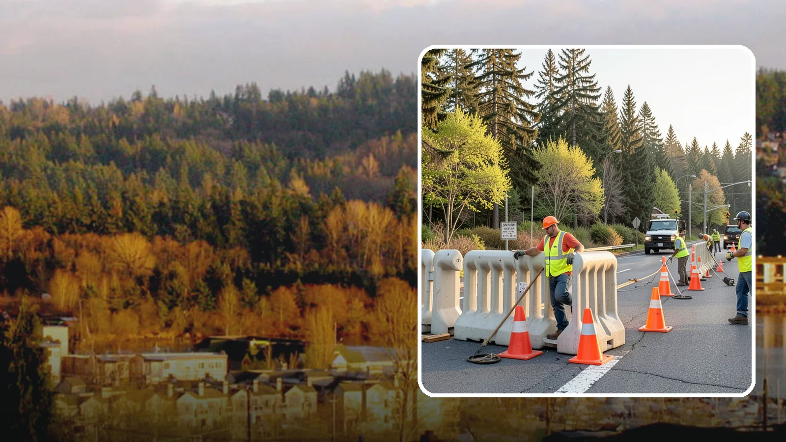 K-Rail Placement in Kenmore, King County, WA - K-rail placement delivers portable concrete barrier protection for roadway and construction projects.
