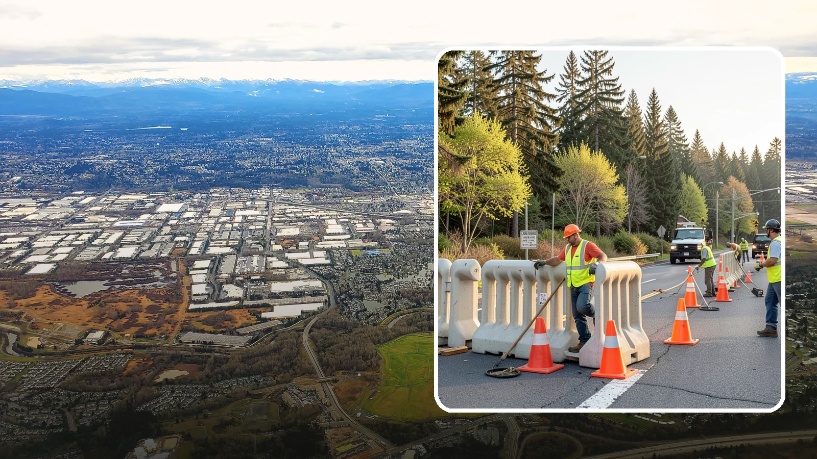 K-Rail Placement in Kent, King County, WA - K-rail placement delivers portable concrete barrier protection for roadway and construction projects.