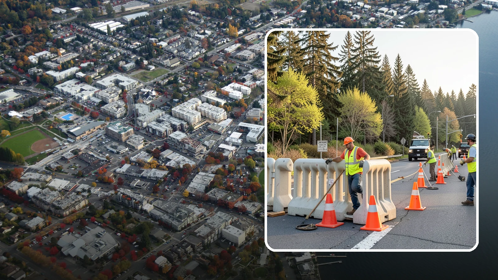 K-Rail Placement in Kirkland, King County, WA - K-rail placement delivers portable concrete barrier protection for roadway and construction projects.