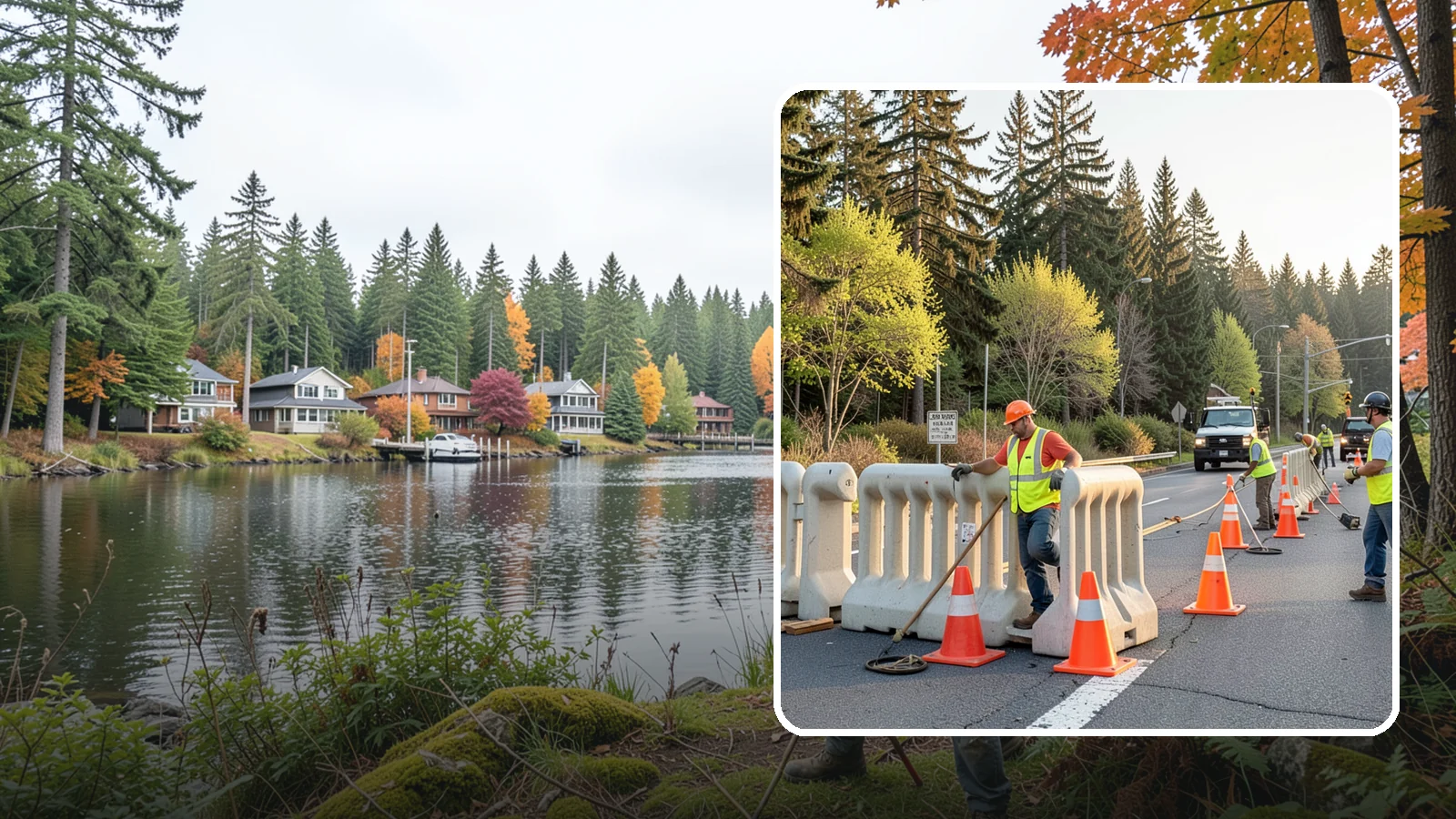 K-Rail Placement in La Conner, Skagit County, WA - K-rail placement delivers portable concrete barrier protection for roadway and construction projects.