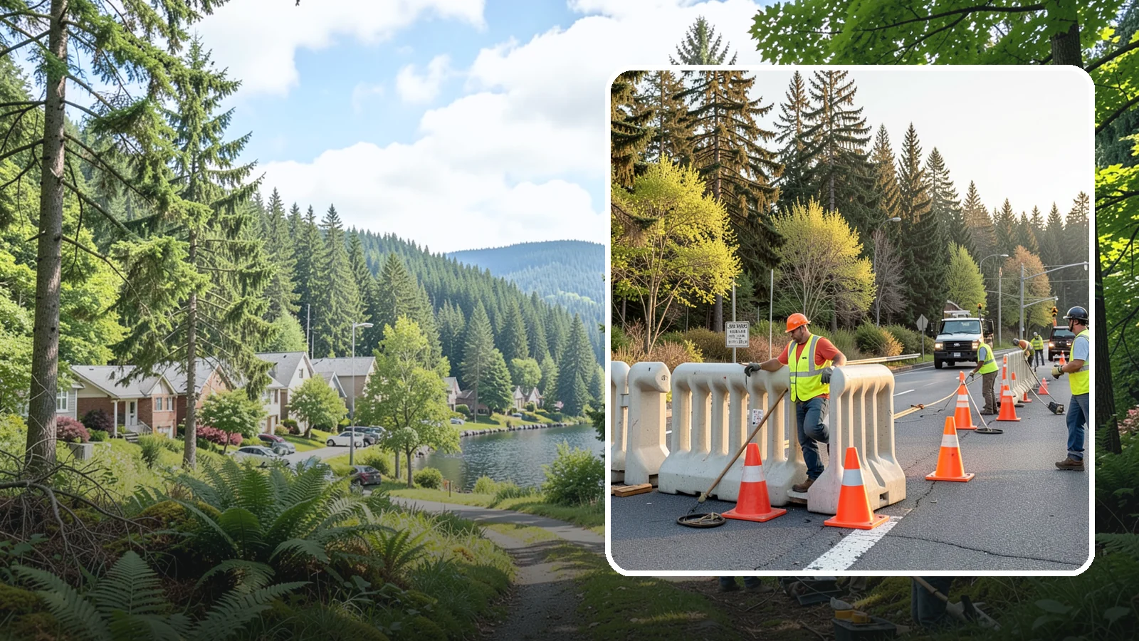 K-Rail Placement in Lake Forest Park, King County, WA - K-rail placement delivers portable concrete barrier protection for roadway and construction projects.