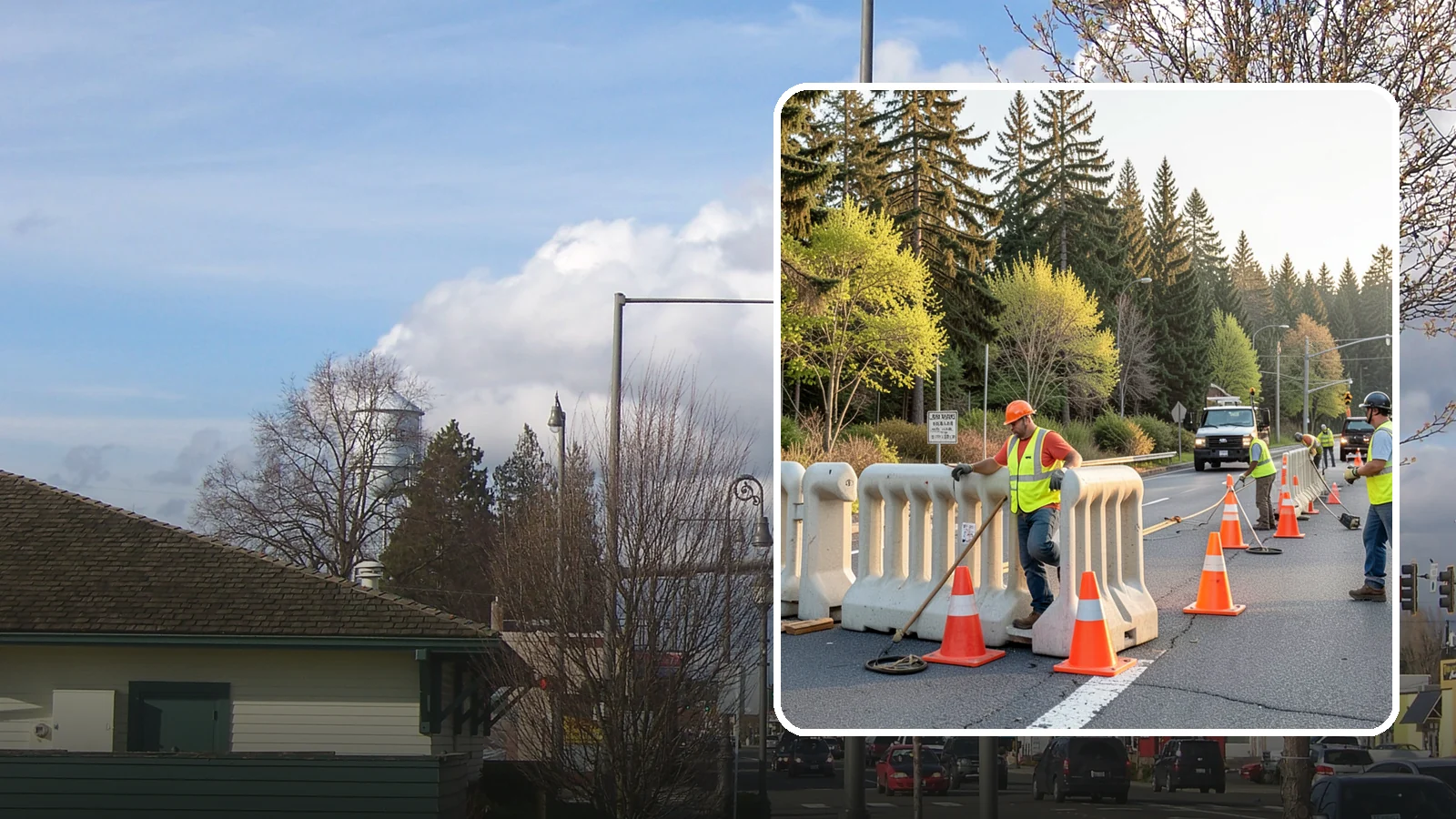 K-Rail Placement in Marysville, Snohomish County, WA - K-rail placement delivers portable concrete barrier protection for roadway and construction projects.