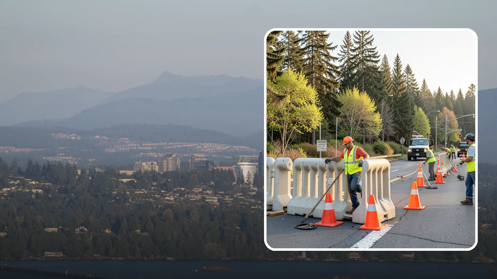 K-Rail Placement in Medina, King County, WA - K-rail placement delivers portable concrete barrier protection for roadway and construction projects.