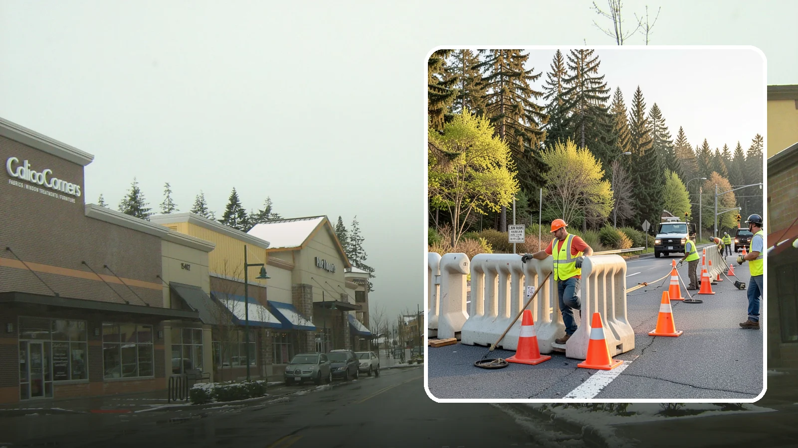 K-Rail Placement in Mill Creek, Snohomish County, WA - K-rail placement delivers portable concrete barrier protection for roadway and construction projects.