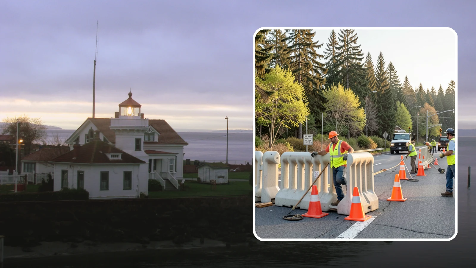 K-Rail Placement in Mukilteo, Snohomish County, WA - K-rail placement delivers portable concrete barrier protection for roadway and construction projects.