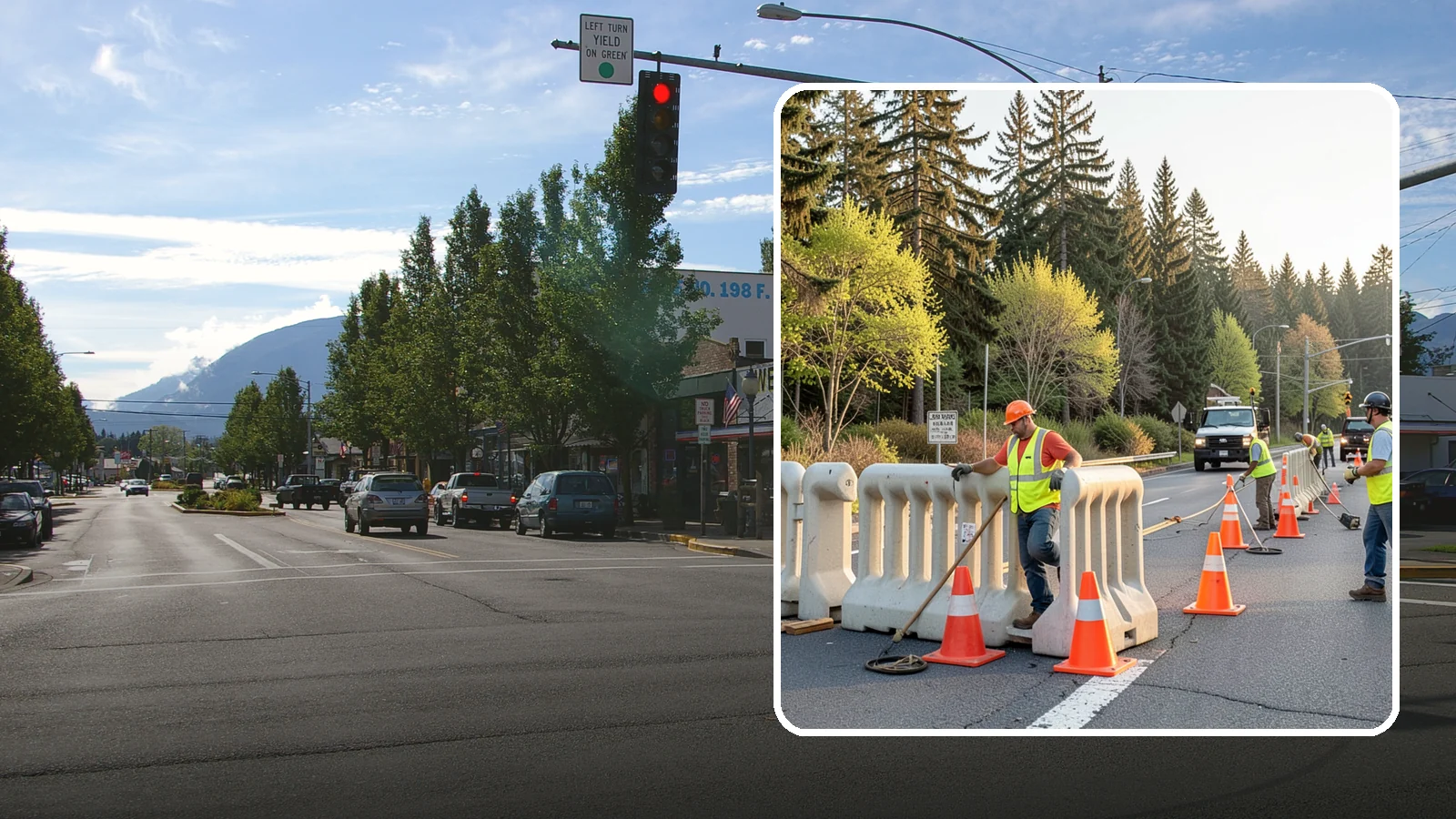 K-Rail Placement in North Bend, King County, WA - K-rail placement delivers portable concrete barrier protection for roadway and construction projects.