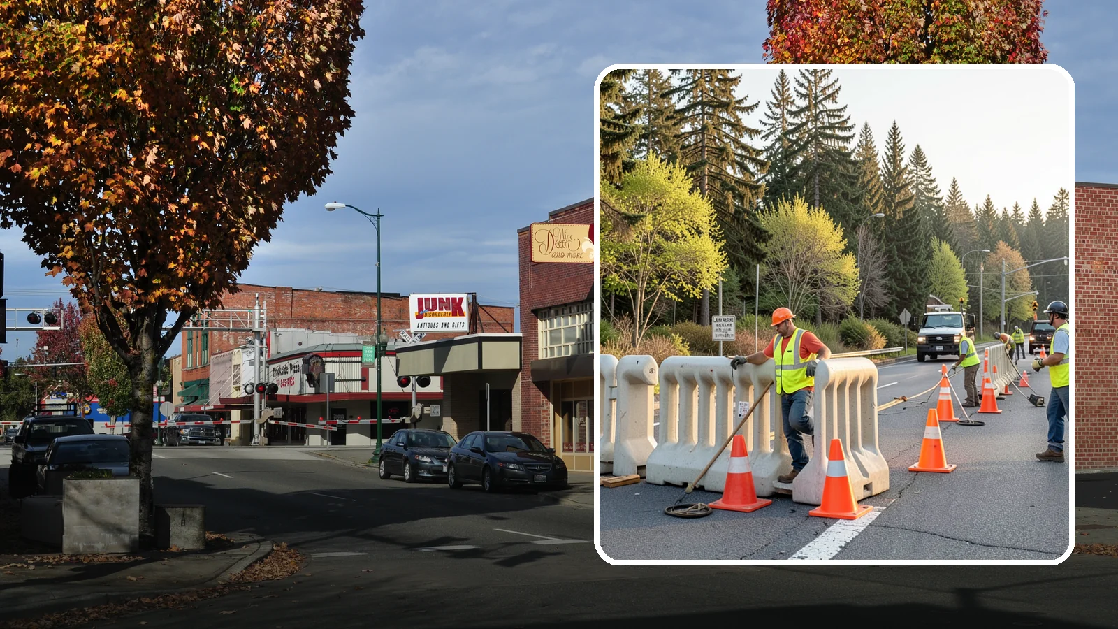 K-Rail Placement in Puyallup, Pierce County, WA - K-rail placement delivers portable concrete barrier protection for roadway and construction projects.