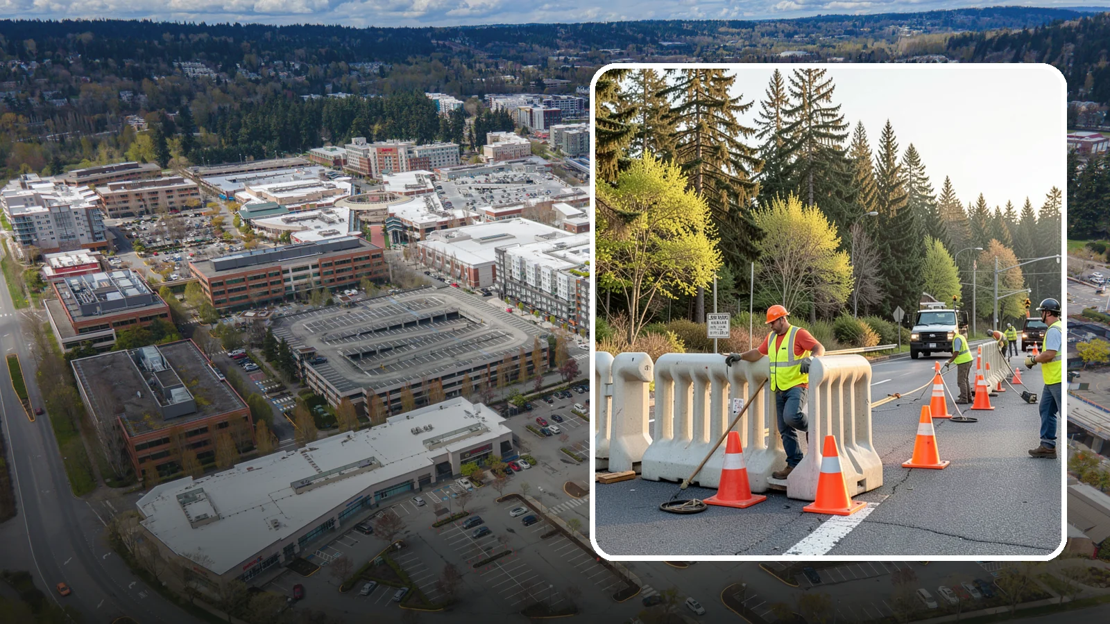 K-Rail Placement in Redmond, King County, WA - K-rail placement delivers portable concrete barrier protection for roadway and construction projects.