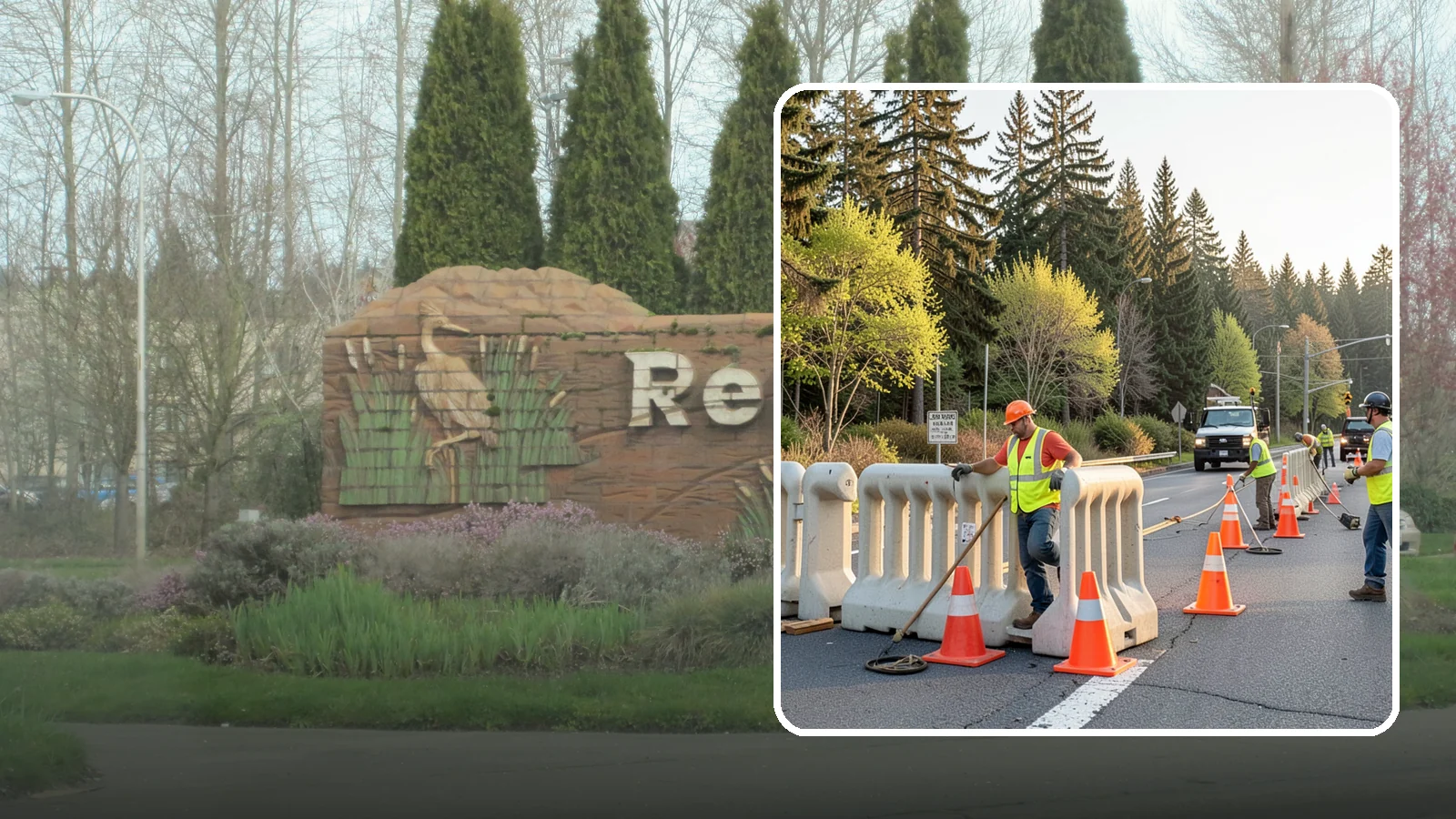 K-Rail Placement in Renton, King County, WA - K-rail placement delivers portable concrete barrier protection for roadway and construction projects.