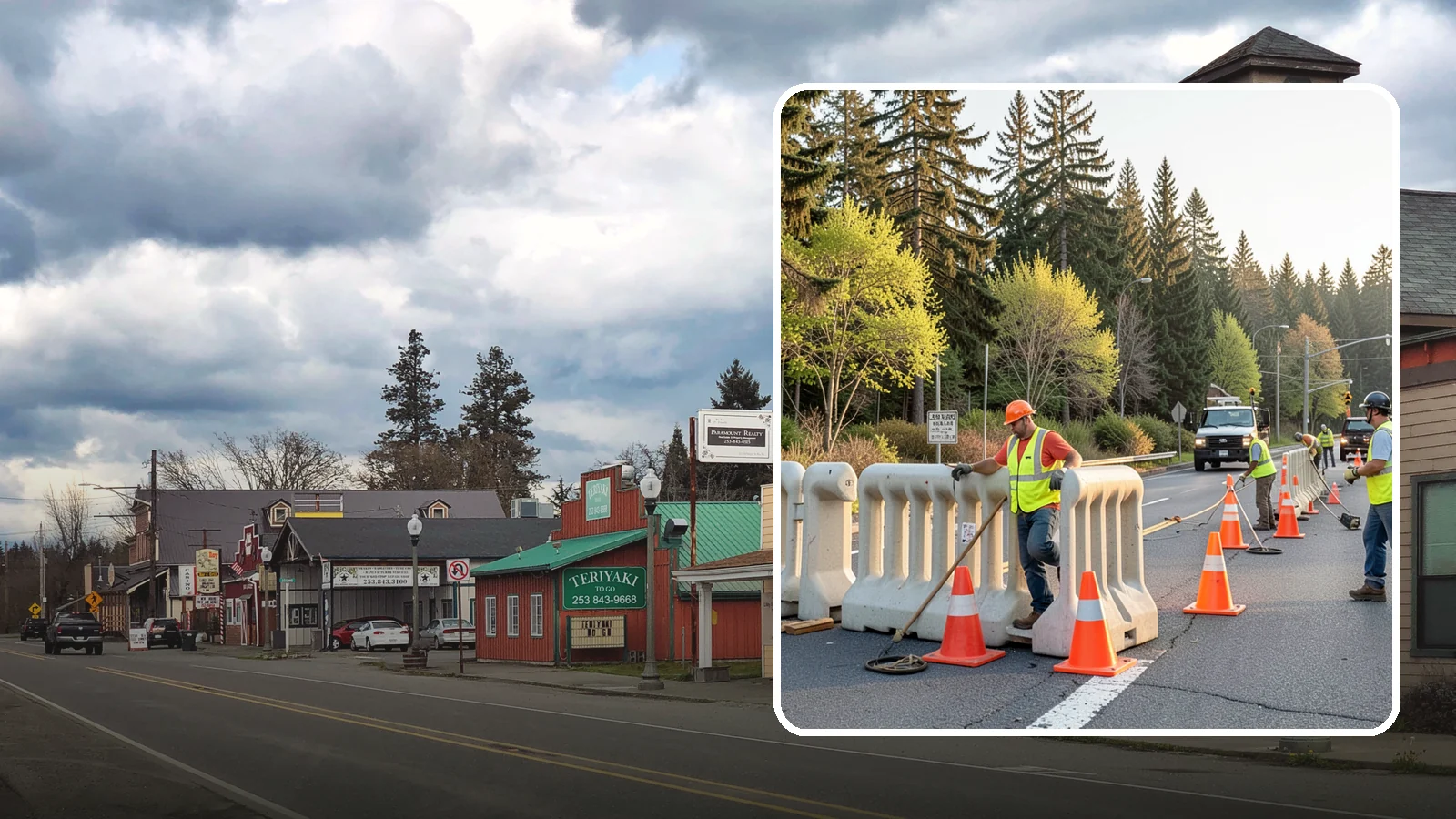 K-Rail Placement in Roy, Pierce County, WA - K-rail placement delivers portable concrete barrier protection for roadway and construction projects.