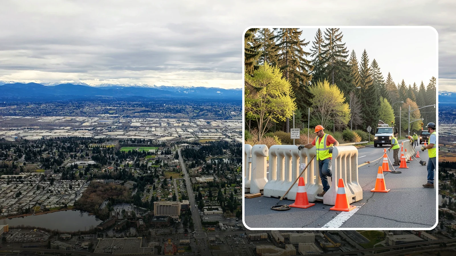 K-Rail Placement in SeaTac, King County, WA - K-rail placement delivers portable concrete barrier protection for roadway and construction projects.
