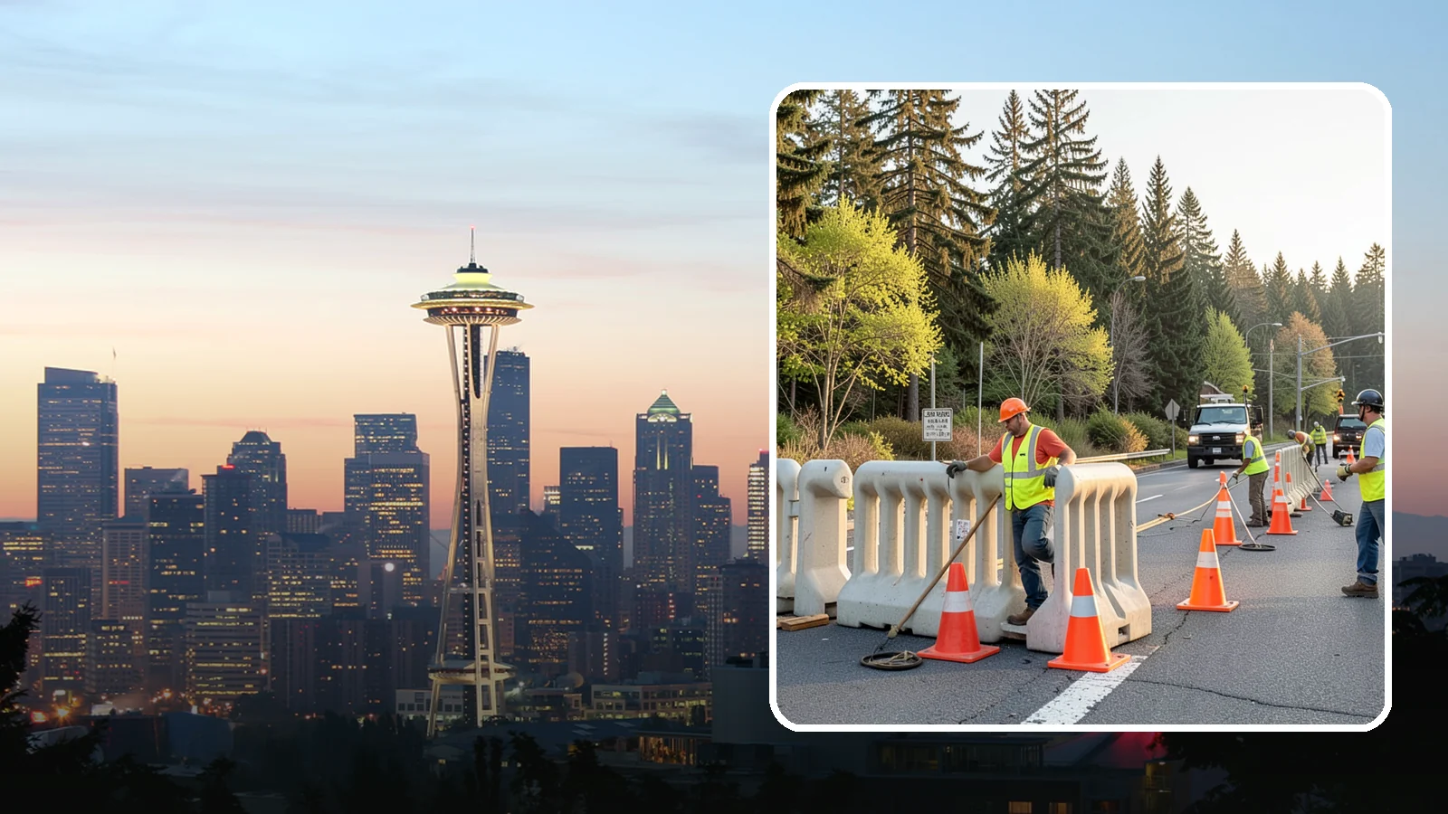 K-Rail Placement in Seattle, King County, WA - K-rail placement delivers portable concrete barrier protection for roadway and construction projects.