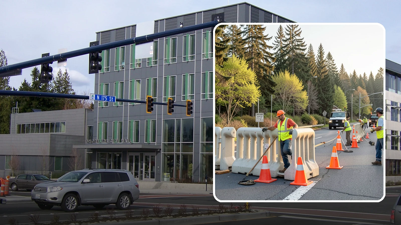 K-Rail Placement in Shoreline, King County, WA - K-rail placement delivers portable concrete barrier protection for roadway and construction projects.