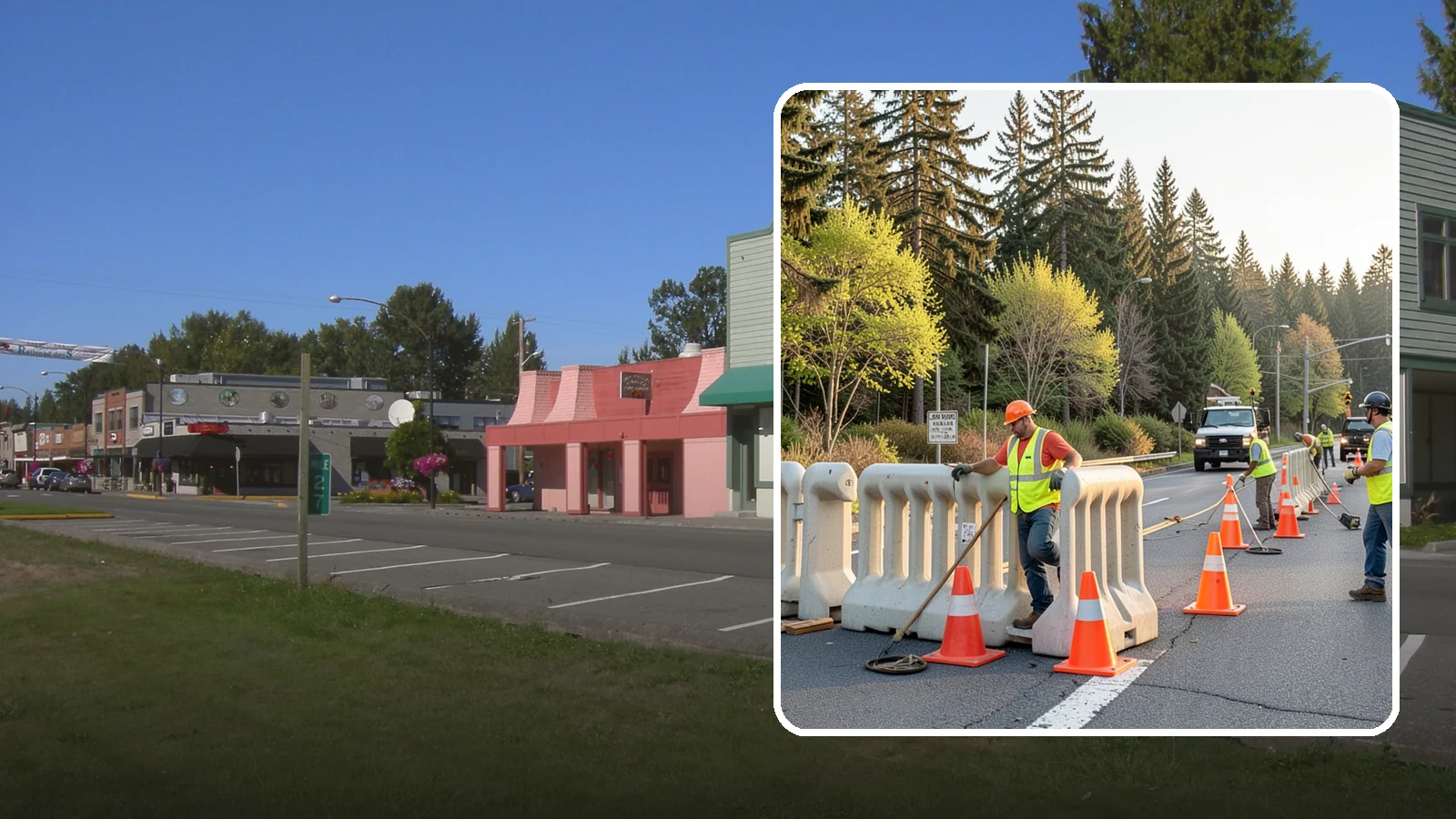 K-Rail Placement in Snoqualmie, King County, WA - K-rail placement delivers portable concrete barrier protection for roadway and construction projects.