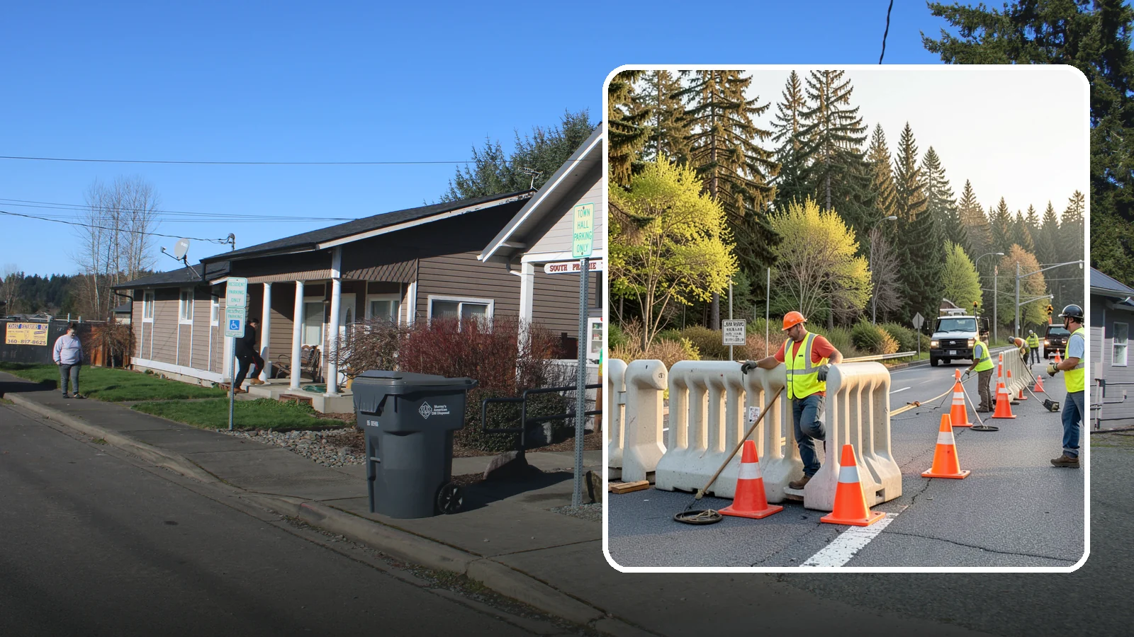 K-Rail Placement in South Prairie, Pierce County, WA - K-rail placement delivers portable concrete barrier protection for roadway and construction projects.