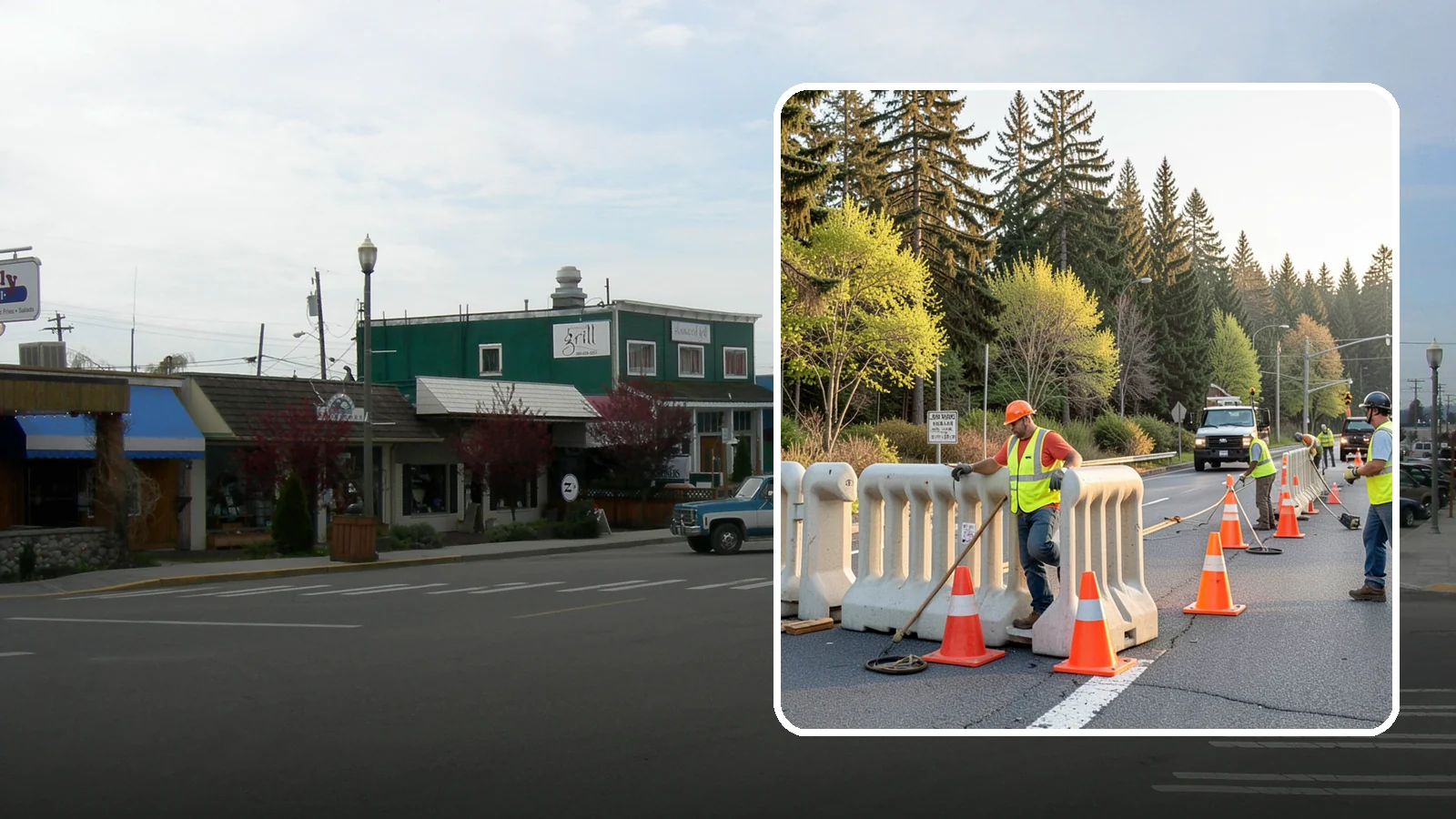 K-Rail Placement in Stanwood, Snohomish County, WA - K-rail placement delivers portable concrete barrier protection for roadway and construction projects.