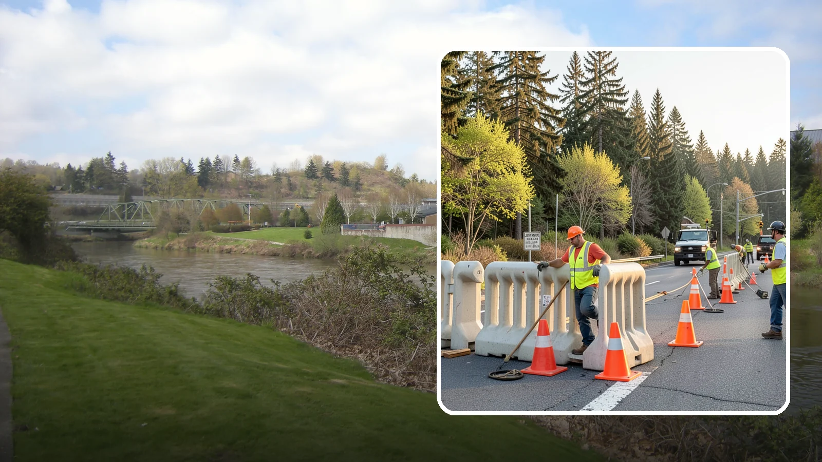 K-Rail Placement in Tukwila, King County, WA - K-rail placement delivers portable concrete barrier protection for roadway and construction projects.