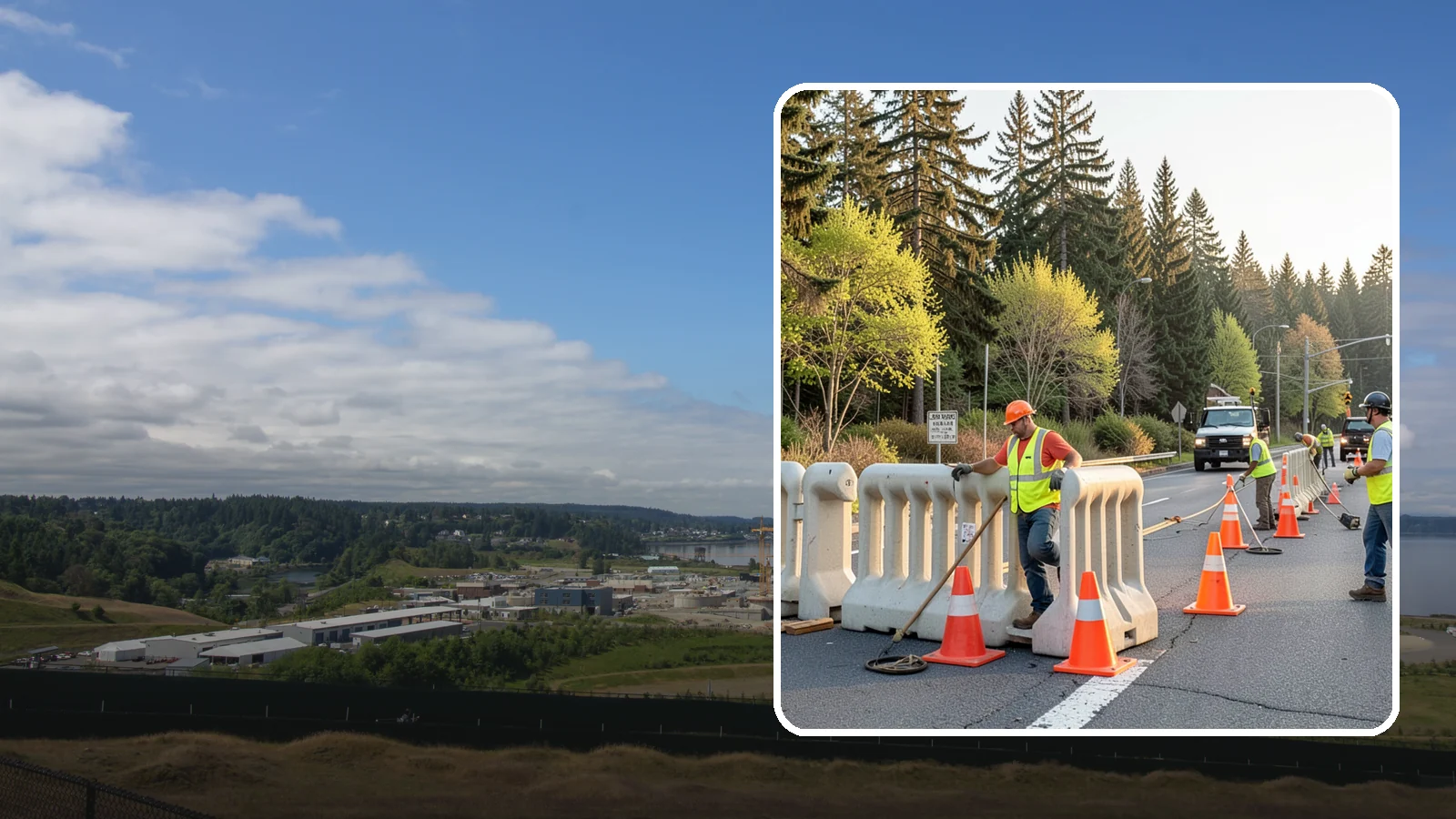 K-Rail Placement in University Place, Pierce County, WA - K-rail placement delivers portable concrete barrier protection for roadway and construction projects.