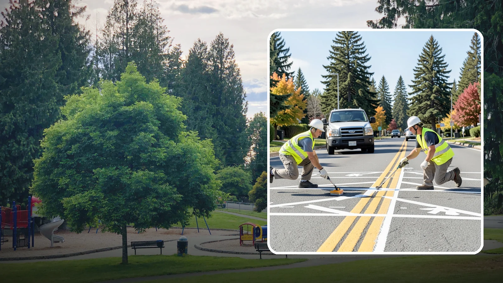Line Striping in Bonney Lake, Pierce County, WA - Fresh line striping defines lanes and stalls on municipal streets, lots, and campuses.