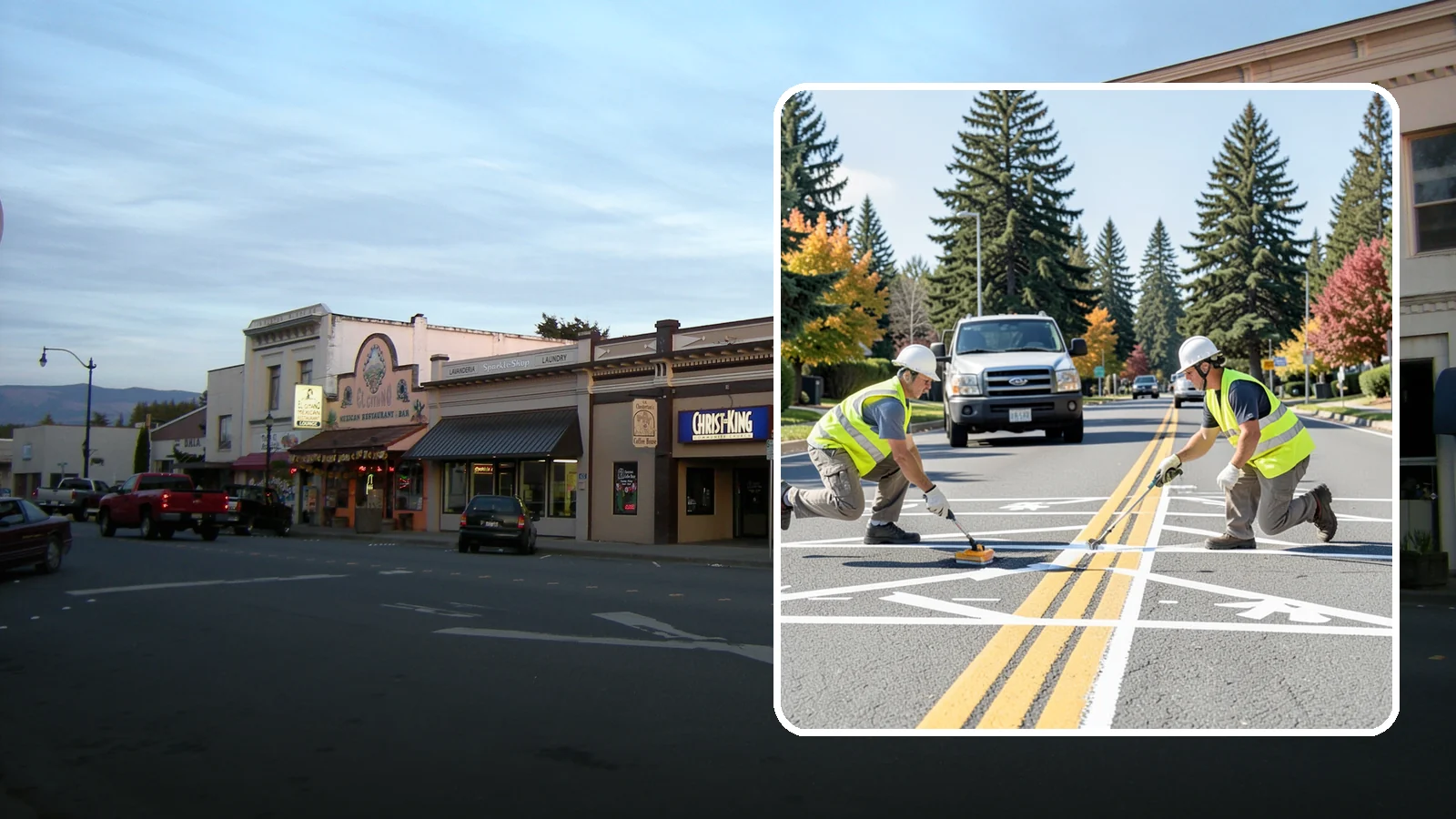 Line Striping in Burlington, Skagit County, WA - Fresh line striping defines lanes and stalls on municipal streets, lots, and campuses.