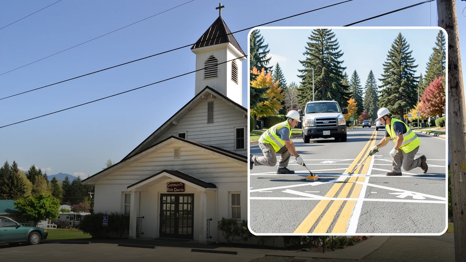 Line Striping in Concrete, Skagit County, WA - Fresh line striping defines lanes and stalls on municipal streets, lots, and campuses.