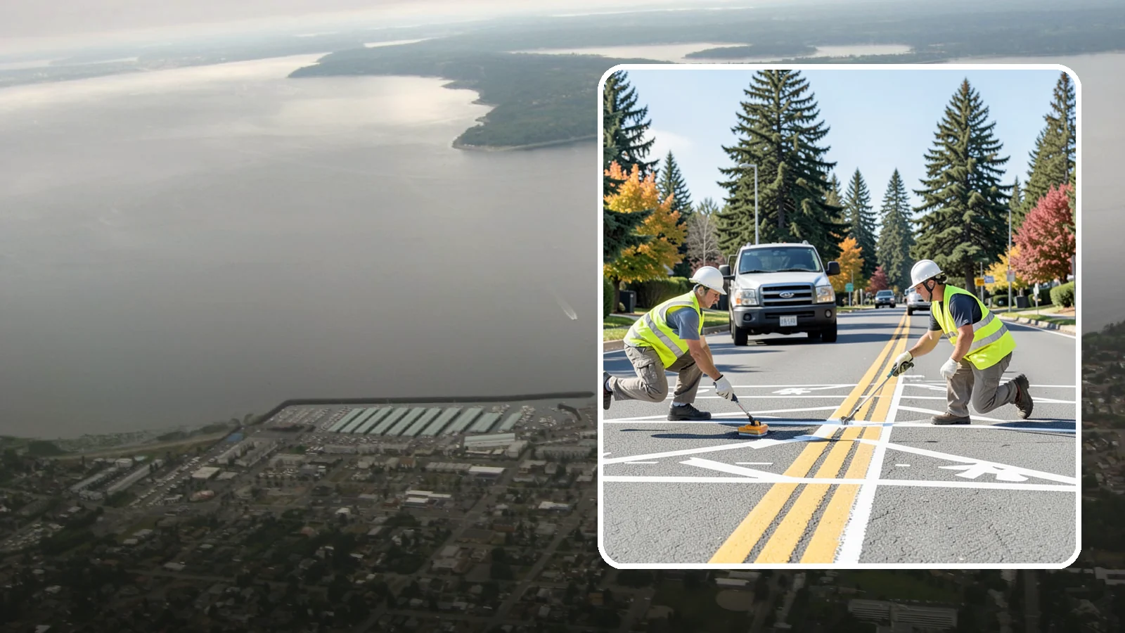 Line Striping in Des Moines, King County, WA - Fresh line striping defines lanes and stalls on municipal streets, lots, and campuses.