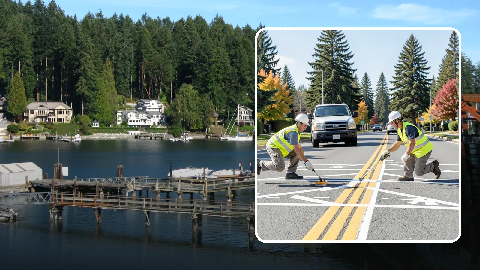 Line Striping in Gig Harbor, Pierce County, WA - Fresh line striping defines lanes and stalls on municipal streets, lots, and campuses.