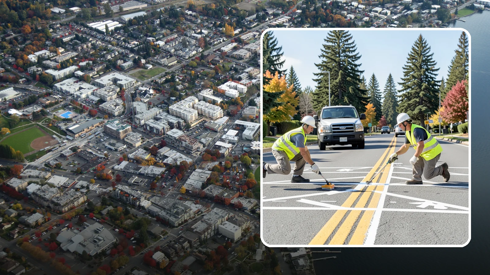 Line Striping in Kirkland, King County, WA - Fresh line striping defines lanes and stalls on municipal streets, lots, and campuses.