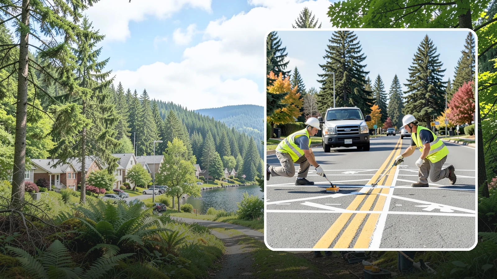 Line Striping in Lake Forest Park, King County, WA - Fresh line striping defines lanes and stalls on municipal streets, lots, and campuses.