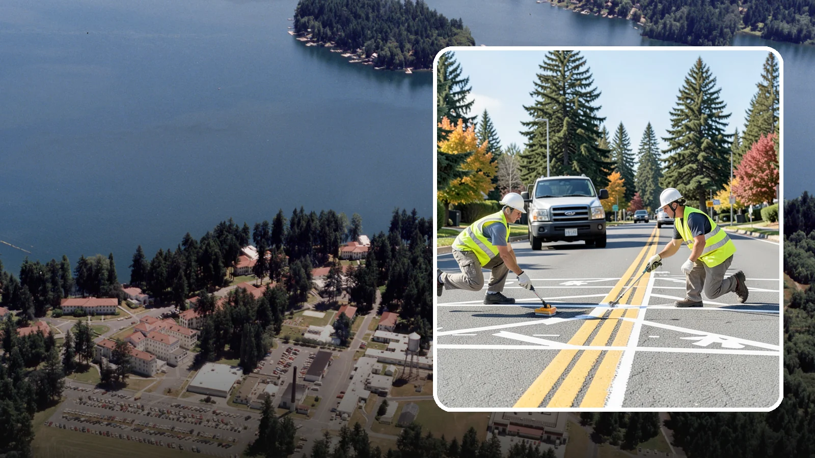 Line Striping in Lakewood, Pierce County, WA - Fresh line striping defines lanes and stalls on municipal streets, lots, and campuses.