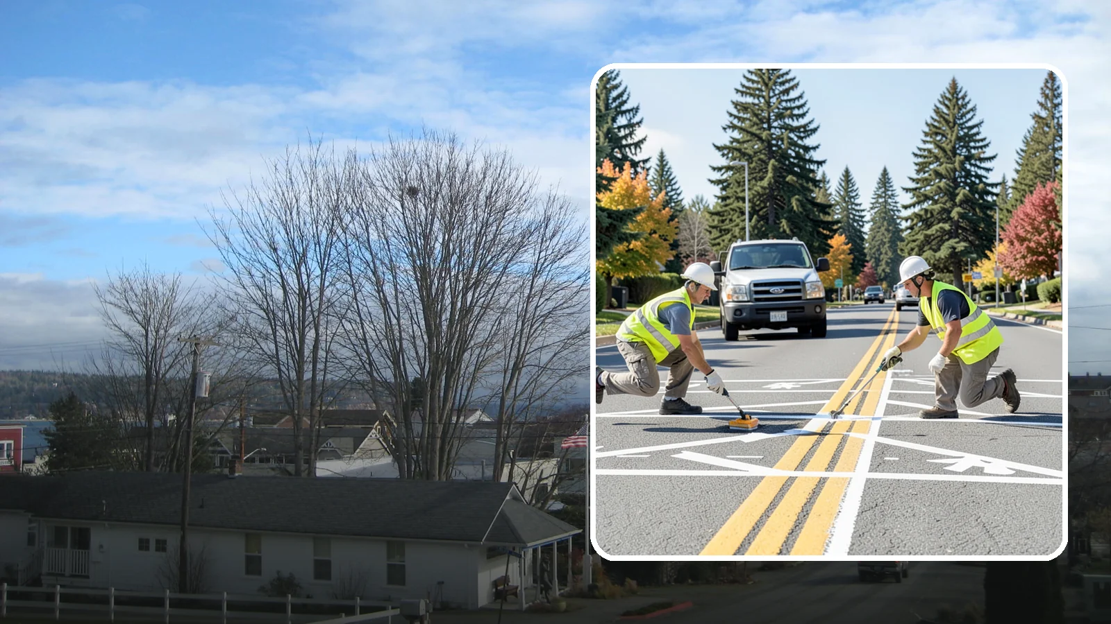Line Striping in Langley, Island County, WA - Fresh line striping defines lanes and stalls on municipal streets, lots, and campuses.