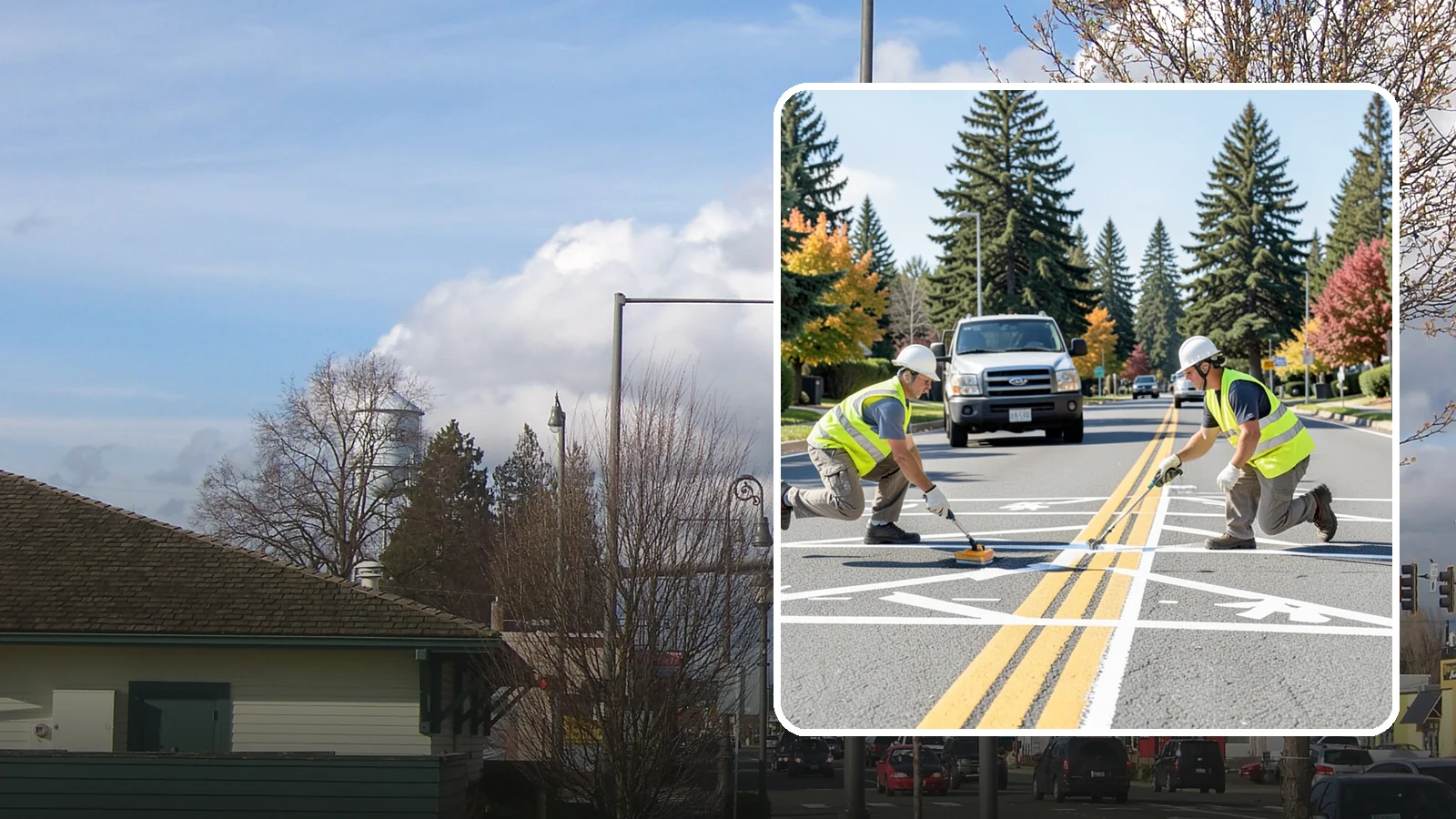 Line Striping in Marysville, Snohomish County, WA - Fresh line striping defines lanes and stalls on municipal streets, lots, and campuses.