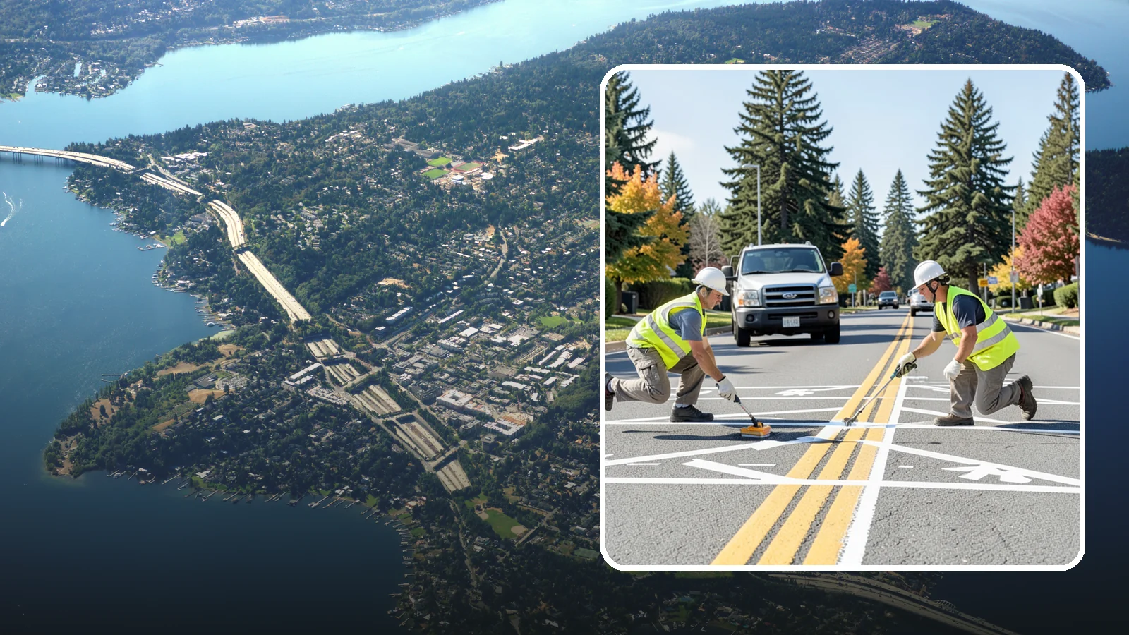 Line Striping in Mercer Island, King County, WA - Fresh line striping defines lanes and stalls on municipal streets, lots, and campuses.