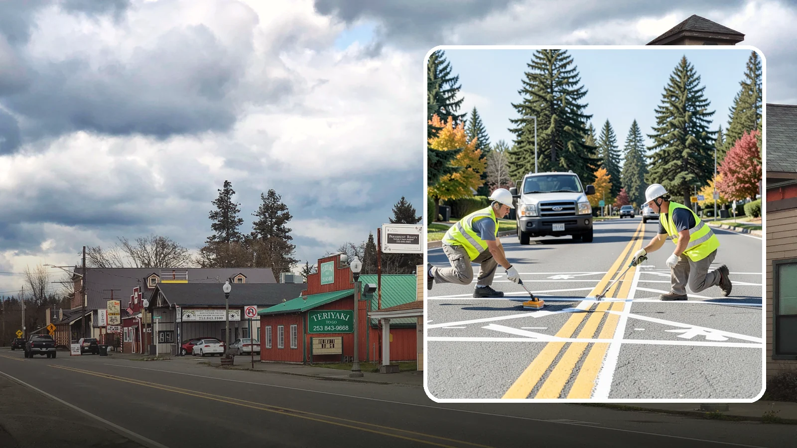 Line Striping in Roy, Pierce County, WA - Fresh line striping defines lanes and stalls on municipal streets, lots, and campuses.