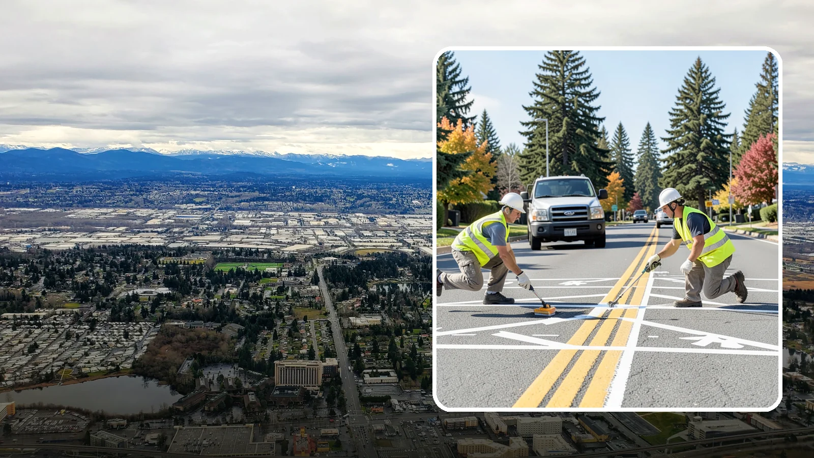 Line Striping in SeaTac, King County, WA - Fresh line striping defines lanes and stalls on municipal streets, lots, and campuses.