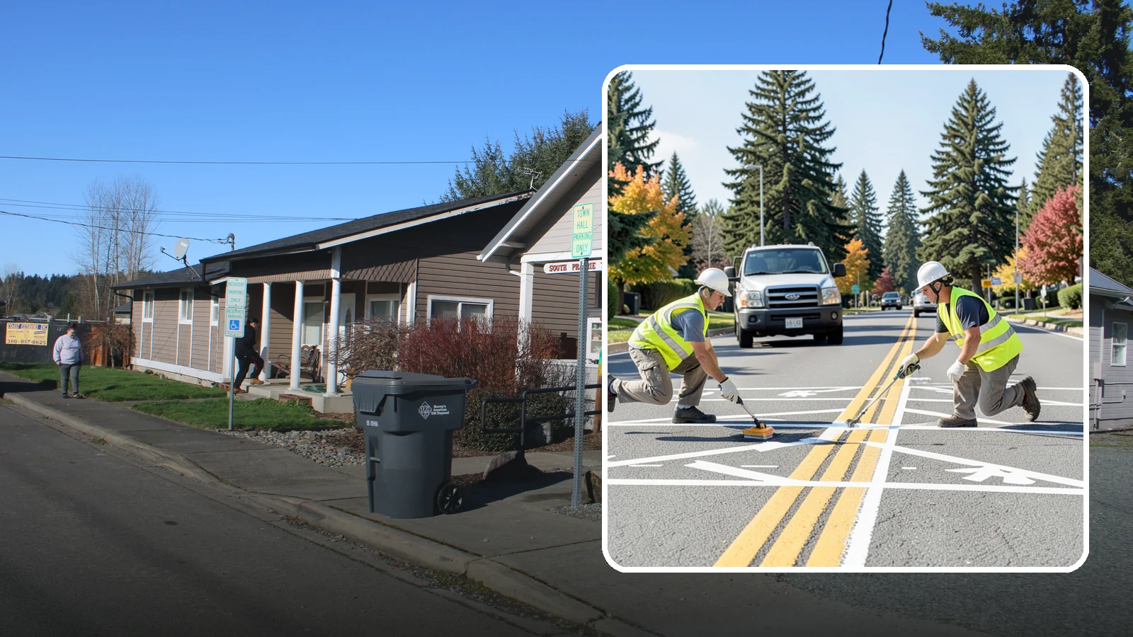 Line Striping in South Prairie, Pierce County, WA - Fresh line striping defines lanes and stalls on municipal streets, lots, and campuses.