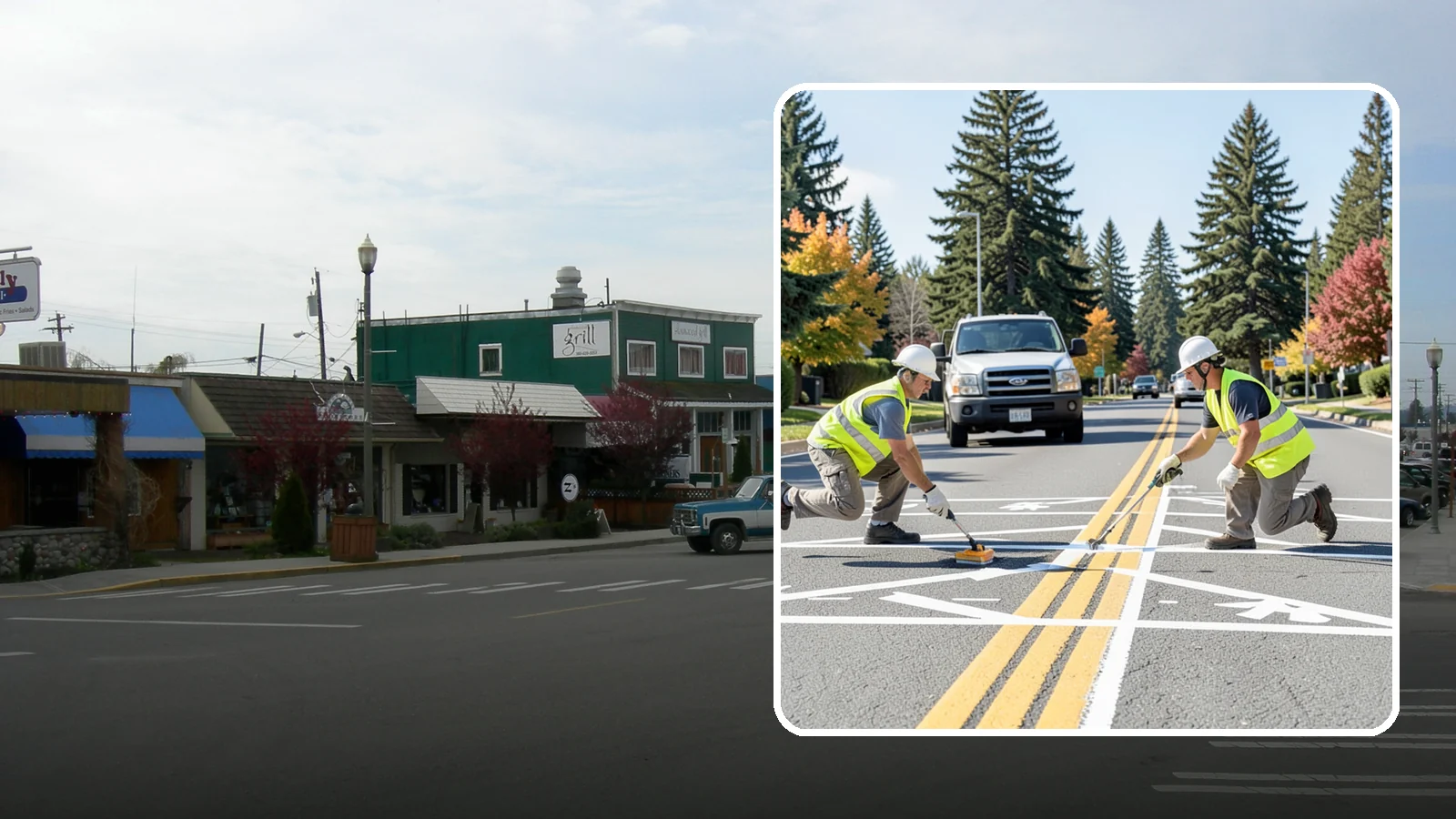 Line Striping in Stanwood, Snohomish County, WA - Fresh line striping defines lanes and stalls on municipal streets, lots, and campuses.