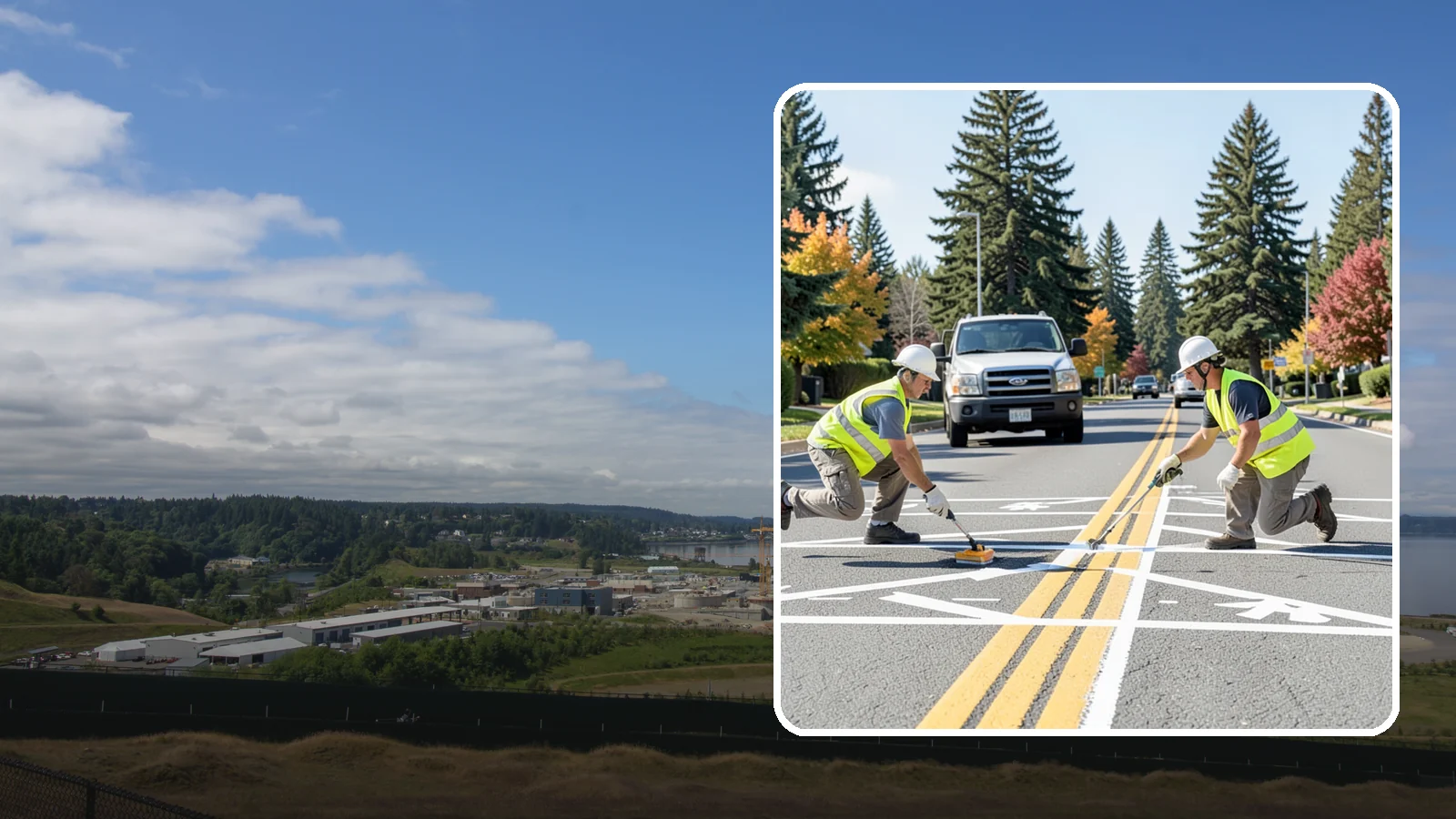 Line Striping in University Place, Pierce County, WA - Fresh line striping defines lanes and stalls on municipal streets, lots, and campuses.