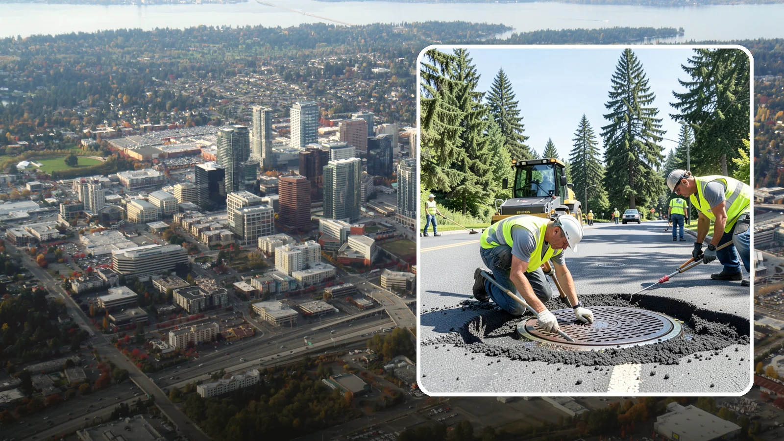 Manhole Adjustment in Bellevue, King County, WA - Raising, lowering, and repairing manhole frames and covers to match grade and restore safe access.